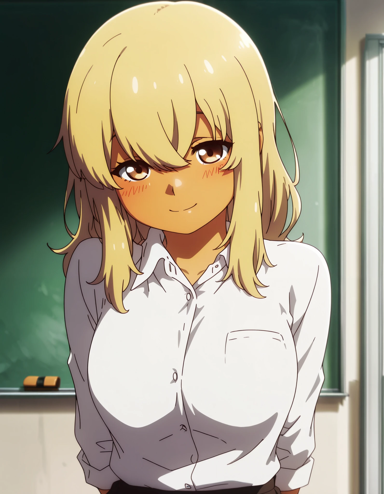 KanaHiga, anime coloring, 1girl, solo, brown eyes, long hair, breasts, blush, smile, bangs, blonde hair, shirt, long sleeves, hair between eyes, white shirt, upper body, collared shirt, indoors, dress shirt, arms behind back, facing viewer, chalkboard, dark skin, looking at viewer, masterpiece, best quality, amazing quality
