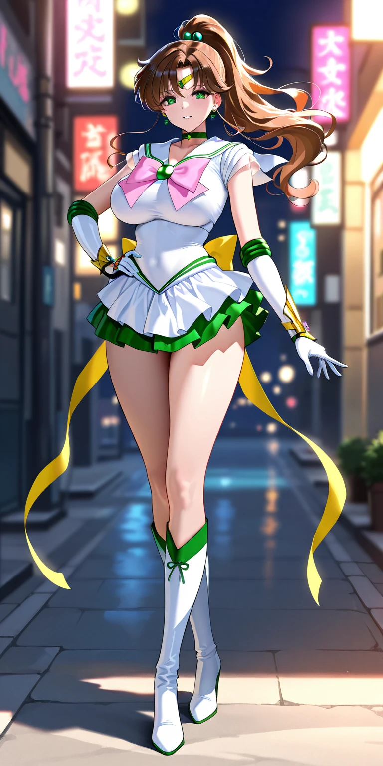 masterpiece、high quality、High resolution、Realistic、professional lighting、Japanese、500 foot tall giant woman、cute、Beauty、young、White skin、slender、Big Breasts、Sailor Jupiter、Makoto Kino、Ham Jupiter, Green Eyes, Brown Hair, ponytail, tiara, jewelry, Sailor Warrior Uniforms, Green sailor collar, Green choker, White elbow gloves, Pink ribbon on the chest, brooch, leotard, mini skirt, Green Skirt, White panties, Green short boots, Embarrassed, City of Giants,Skyscrapers, bustling street, (((Shibuya Scramble Crossing))), (((crowd))), crowd, Has super long legs, night, Ground View, Anatomically correct