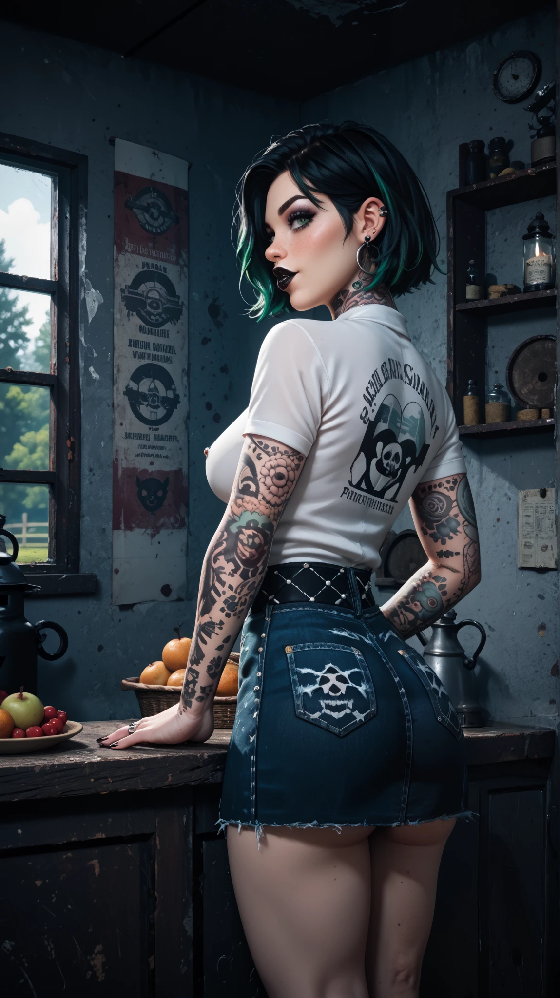 Gothic girl-farmer, 19 years old, perfect body, perfect figure, third-dimensional breasts, plump lips, green short hair, tattoos and piercings on the body, standing (back view) in Horror Farmhouse, dressed in a short tight denim skirt that emphasizes her figure in a high-quality and stylish way, and a white shirt