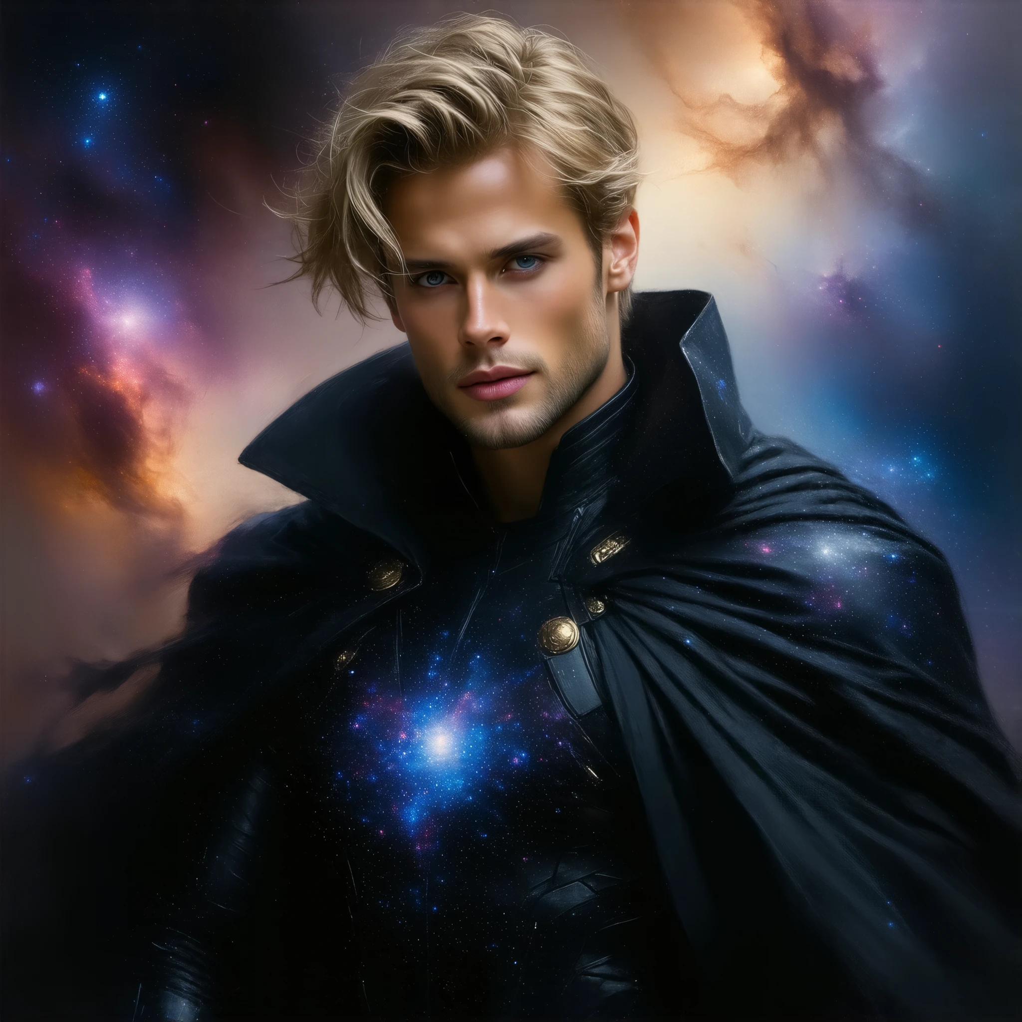 A detailed portrait painting in semi-realism oil painting and digital art style, vibrant colours, reminiscent of Stanley Artgerm Lau.A magical portrait painting. Galactic cosmic Captain Anton "Dark Wind" Oil painting , art by Artgerm, Luis Royo. This stunning portrait bursts with intricate brushstrokes in oil paint, capturing the handsome humanoid android in all his glory. With tousled light blonde hair that seems to shimmer like stardust and deep blue eyes reflecting the mysteries of the universe, he embodies strength and beauty, ready to take on the galaxy. Standing tall at the helm of his starship, Anton radiates confidence and charisma. Draped in a flowing black cloak adorned with cosmic patterns, it billows gracefully behind him, echoing the vivid colors of distant galaxies. Underneath, a fitted space suit, complete with high-tech enhancements, reveals his athletic build, designed for interstellar adventures amidst the stars. His expression is a captivating blend of confidence and camarade... --v 6.1