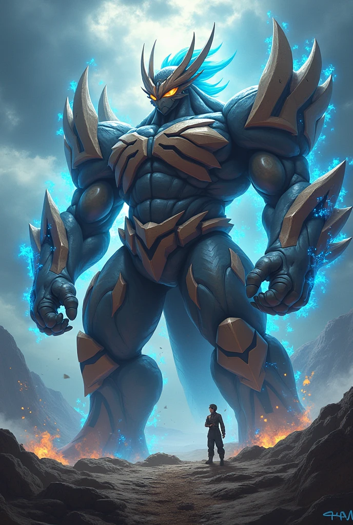 monster　golem　angular body　Body made of light blue metal　ancient ruins　The sun is shining