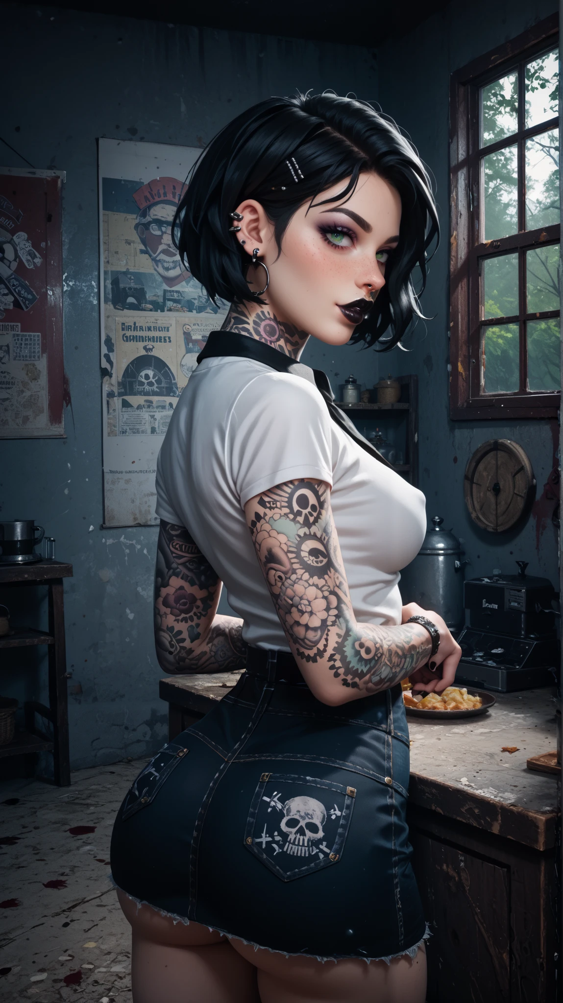 Gothic girl-farmer, 19 years old, perfect body, perfect figure, third size breasts, plump lips, green short hair, tattoos and piercings on the body, walks (rear view) emphasis on the ass in Horror Farmhouse (corridor), dressed in a short tight denim skirt that emphasizes her figure in a quality and stylish way, and a white shirt