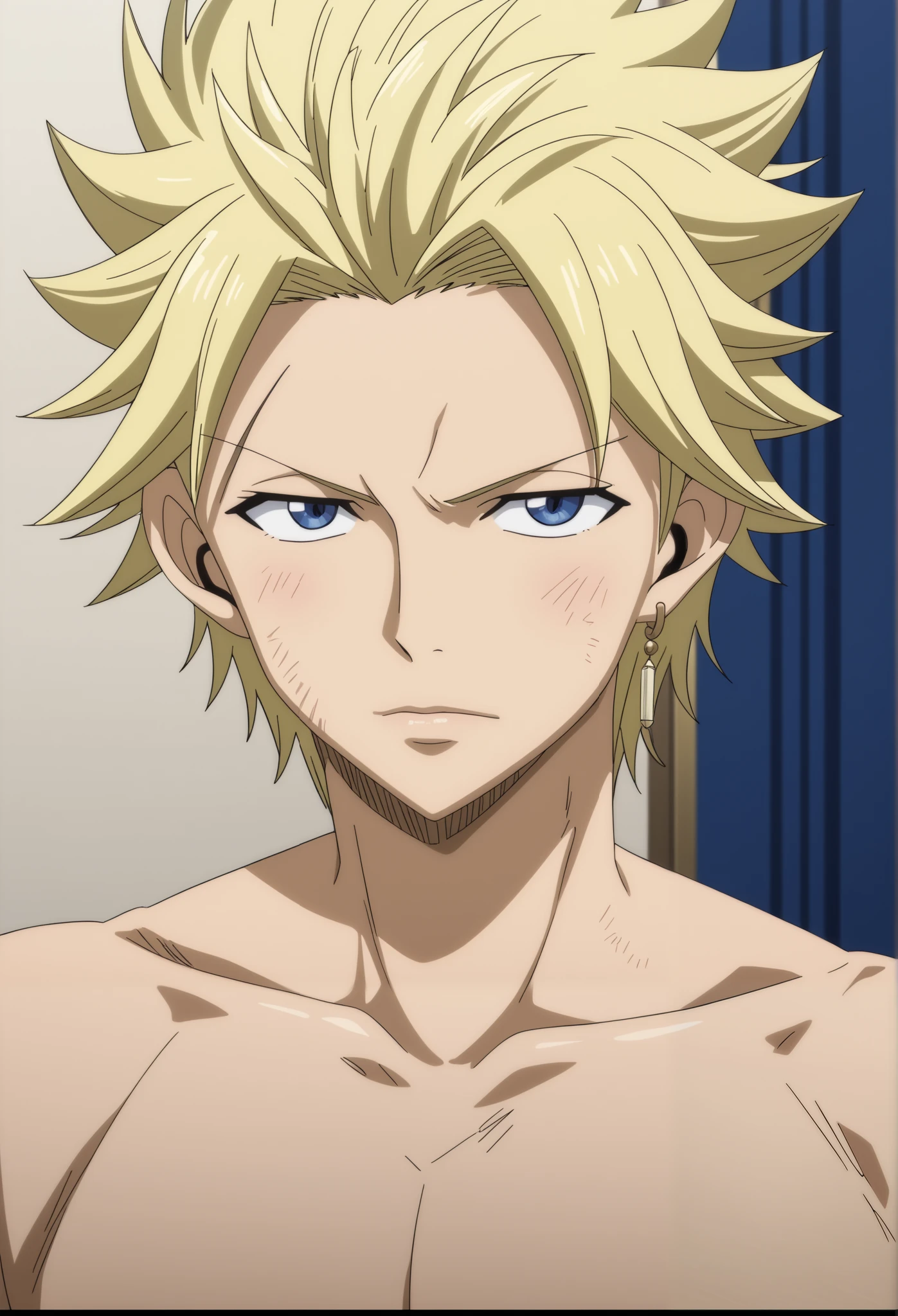 front view, Frontal portrait, looking at viewer, score_9, score_8_up, score_7_up, source_anime, StingFT, Sting blonde hair, light yellow Sting, 1boy, male focus, anime screencap, in blue boxer men's underwear, naked torso, bedroom, official style, intricate details, open silk black robe, detailed face, front view, Frontal portrait, close-up, looking at viewer, background with soft shadows, soft blue lighting highlighting his features, high-quality anime details, vivid colors, official style