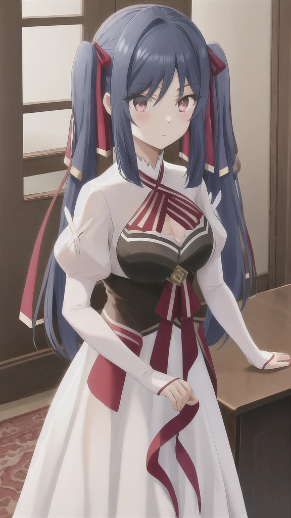 already,heterochromia iris,long sleeve,(big breasts:1.5),shiny,hair,((alone)),((masterpiece)),((highest quality)),perfect anatomy,slim waist,perfect image,8k UHD,(detailed and beautiful eyes:1.5),highly detailed face,Are standing,(Upper body:1.1),(look ahead:1.1),back arm,super detailed,disorganized,High resolution,indoor hall,light smile,long hair,