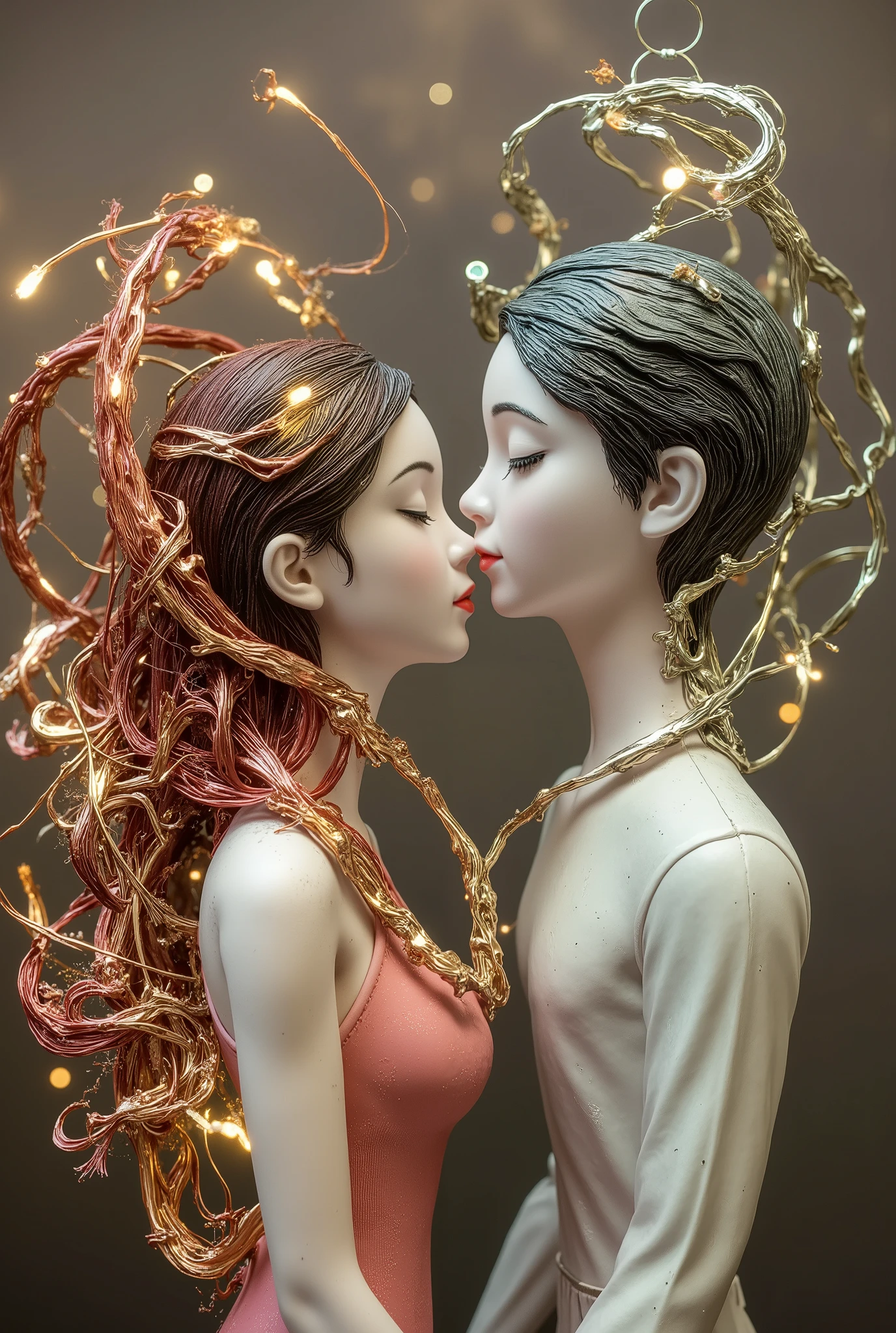 A surreal, artistic interpretation of a kissing couple figurine, transformed into two abstract, intertwined faces. The faces merge seamlessly, with flowing, dreamlike contours that blend human features with ethereal, fluid elements. The scene should evoke an otherworldly atmosphere, where soft, glowing colors swirl around the faces, creating a sense of intimacy and emotion. The faces are connected not just by a kiss but by an intricate web of delicate, shimmering lines, symbolizing deep connection and harmony. The artwork should feel both whimsical and thought-provoking, capturing the surreal beauty of love in an imaginative, unconventional way.