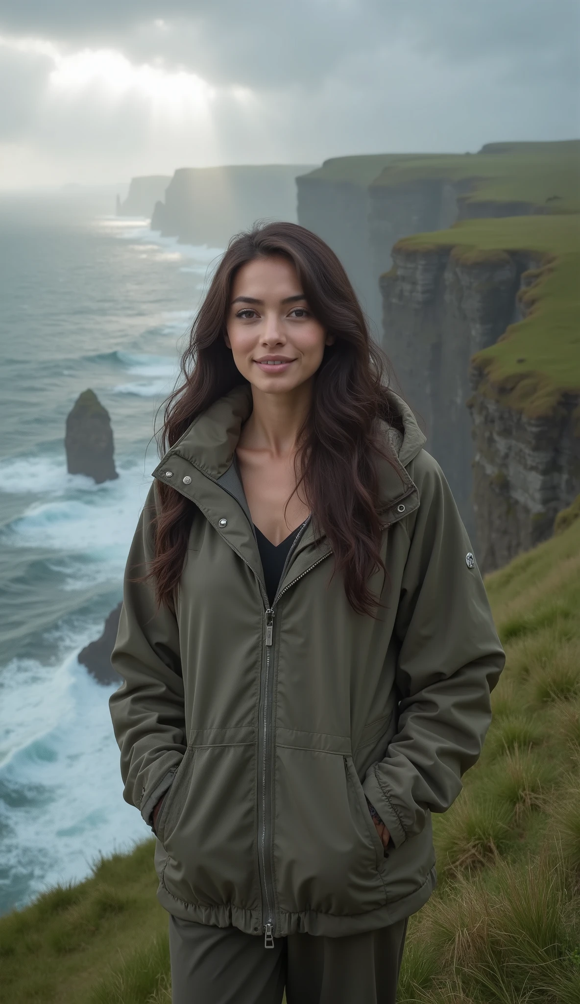 Woman standing on a cliff overlooking the ocean with a cloudy sky ...