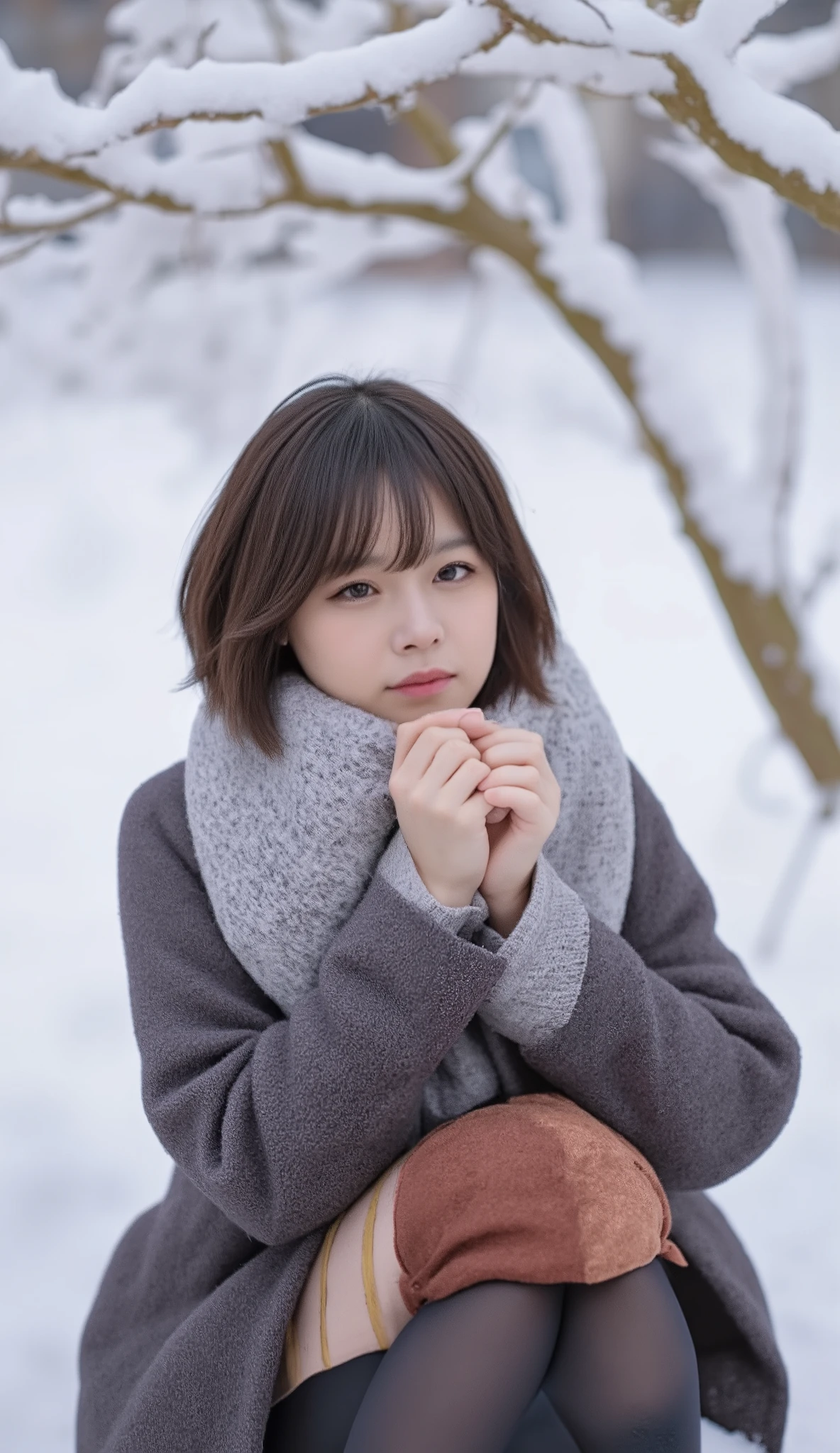 Snow is piling up on street trees in winter、 woman in her 20s wearing a coat、Short hair with a composition where you can see your whole body、プリーツミニスカートを履いてその下に厚手の black tightsを履いている、 scarves wrapped、 angle from below、( black tights:1.8)