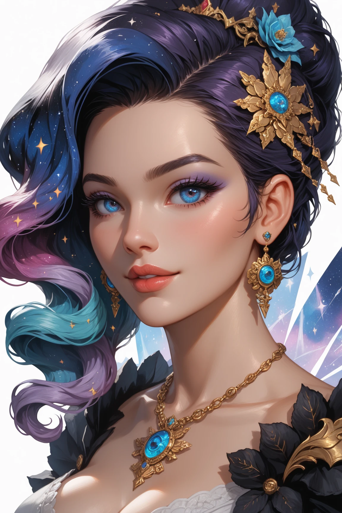 The image depicts a stylized, digital artwork of a female character. She has long, flowing brown hair adorned with purple flowers, giving her a mystical or ethereal appearance. The character has striking blue eyes and is wearing a detailed, ornate necklace with a circular pendant. Her skin is fair, and she has a tattoo or design on her right shoulder that resembles a feather or leaf motif. The overall aesthetic of the image is quite detailed and suggests a fantasy or fantasy-inspired theme. The character's expression is neutral, and she is looking directly at the viewer, which gives the image a sense of engagement.