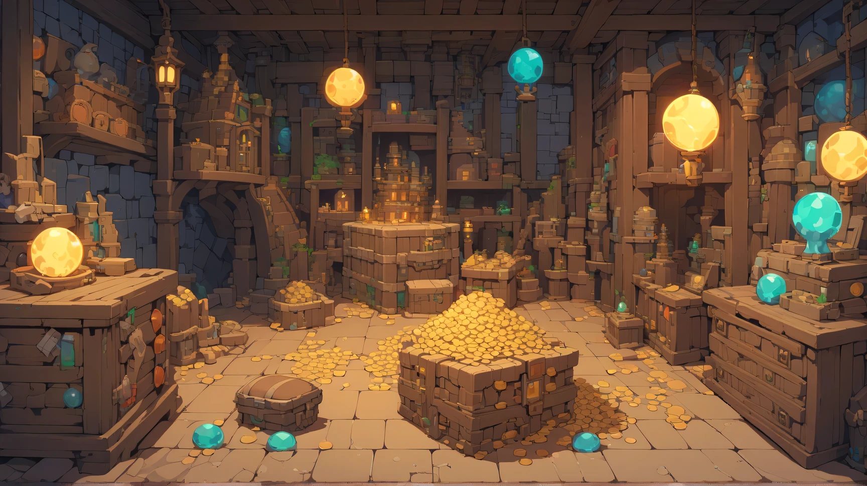 Retro video game style, pixelated, vibrant colors, 8-bit characters, blocky shapes, sharp lines, detailed shading, classic gaming vibe, nostalgic atmosphere, classic arcade games. Masterpiece:1.2, ultra-detailed, illustration style. 2D texture, stone texture, 4K seamless mud texture, video game texture, dirt texture. Game tiles, front view, tileable texture. Very detailed  texture, magical castle, wizard tower. (indoors:1.5) (close up:1.2)  (dark fantasy)) ((magical castle)) ((wizard tower)) (front view:1.4)
Texture Detail: High resolution with intricate details like rocky surfaces and moss.
(treasure room:1.7) (golden coins:1.4), golden mystical light, ((lots of chests:1.4)) piles of gold and weapons and armors (magical equipments:1.3) ((magical orbs)) ((starly sky)) sacks, mimic_chest, monster_chest, sleeping_Dragon, (swords:1.2) (magical equipments:1.2) (gemstones:1.5) assimetrical room, dynamic, creative composition, jade states, rubies, (jeweled crows:1.2) (mystical artefacts:1.2)