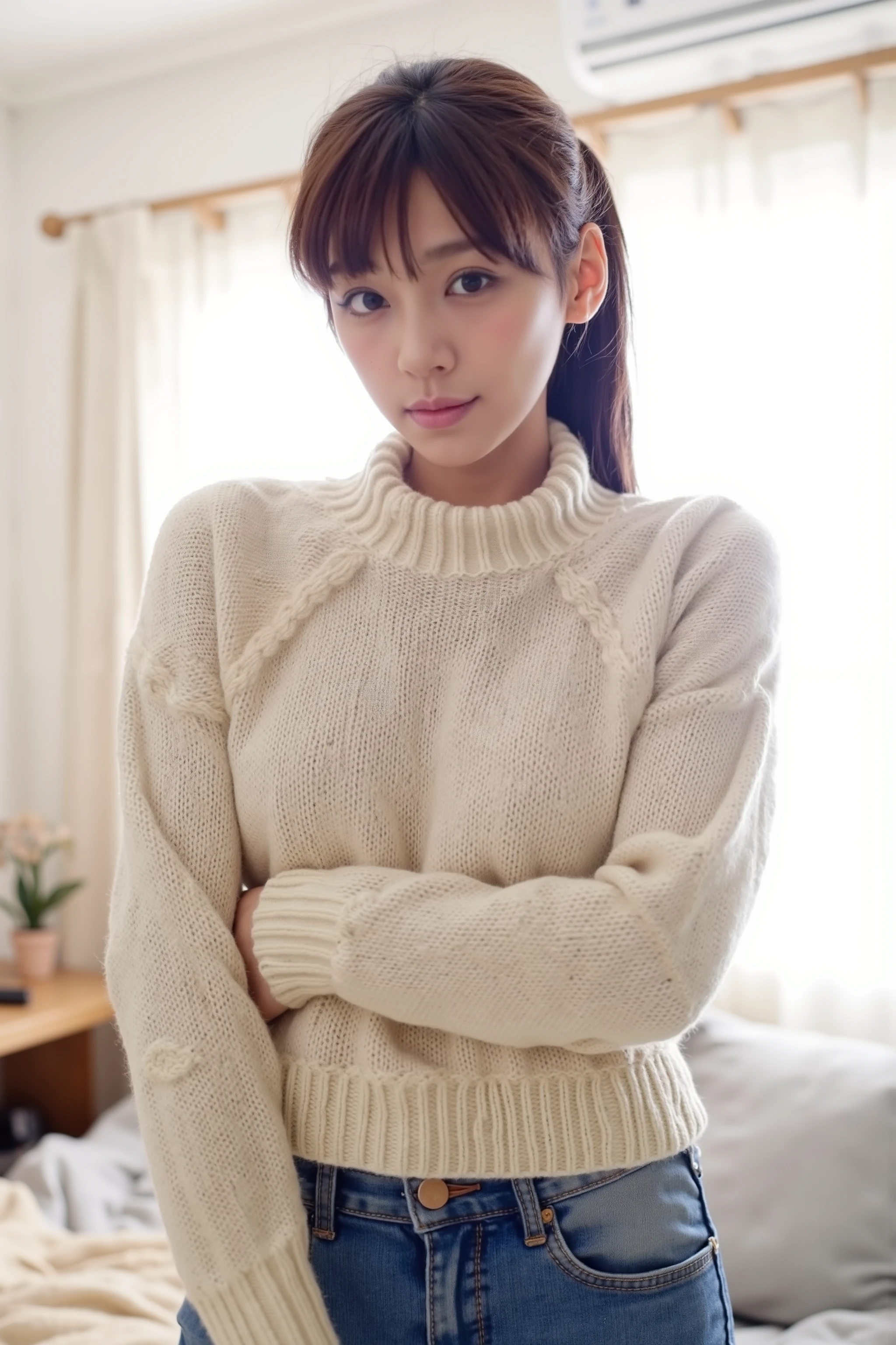 Fit your body in an apartment in TokyoＶWear a neck sweater、 wearing denim skinny pants、Make long hair with a silver inner color on tanned skin and brown hair into a ponytail、 standing staring at me、Standing in a room in an apartment full of sense of life、Photorealistic image with a composition where the whole body is visible