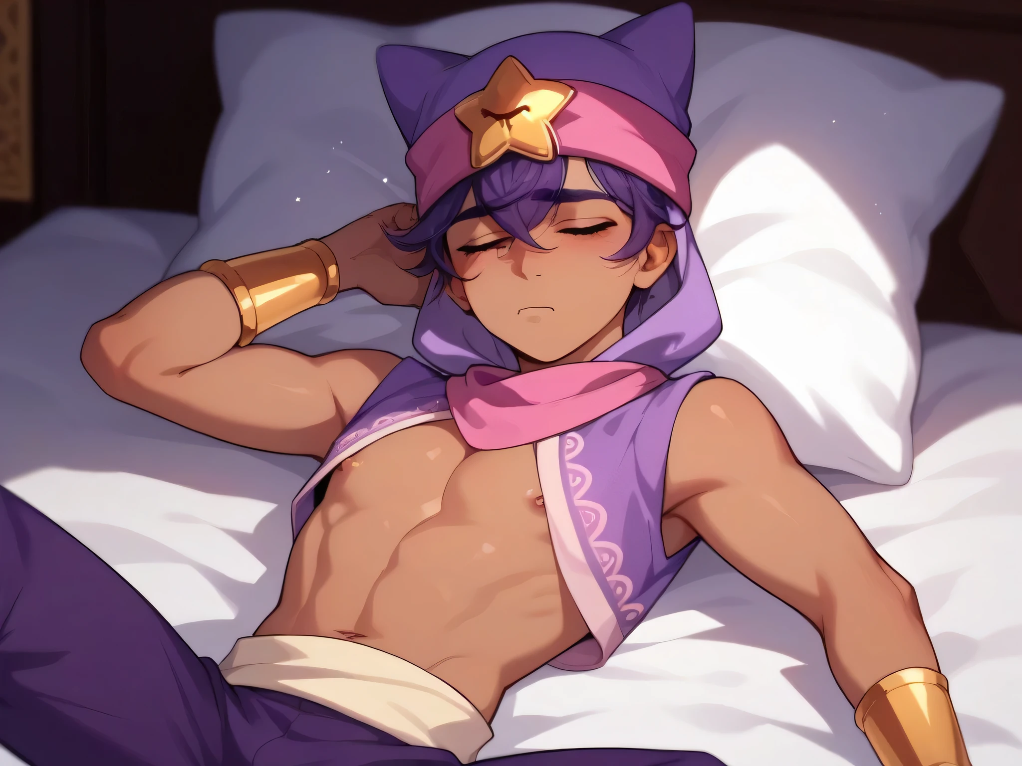 Sandy, 1boy, hood, purple hair, dark-skinned male, male focus, arabian clothes, male focus, upper body, (:1.2), sleeveless, sleepy, on bed, femenine male, femboy, cute face, solo male, full body, purple pants, twink, showing body