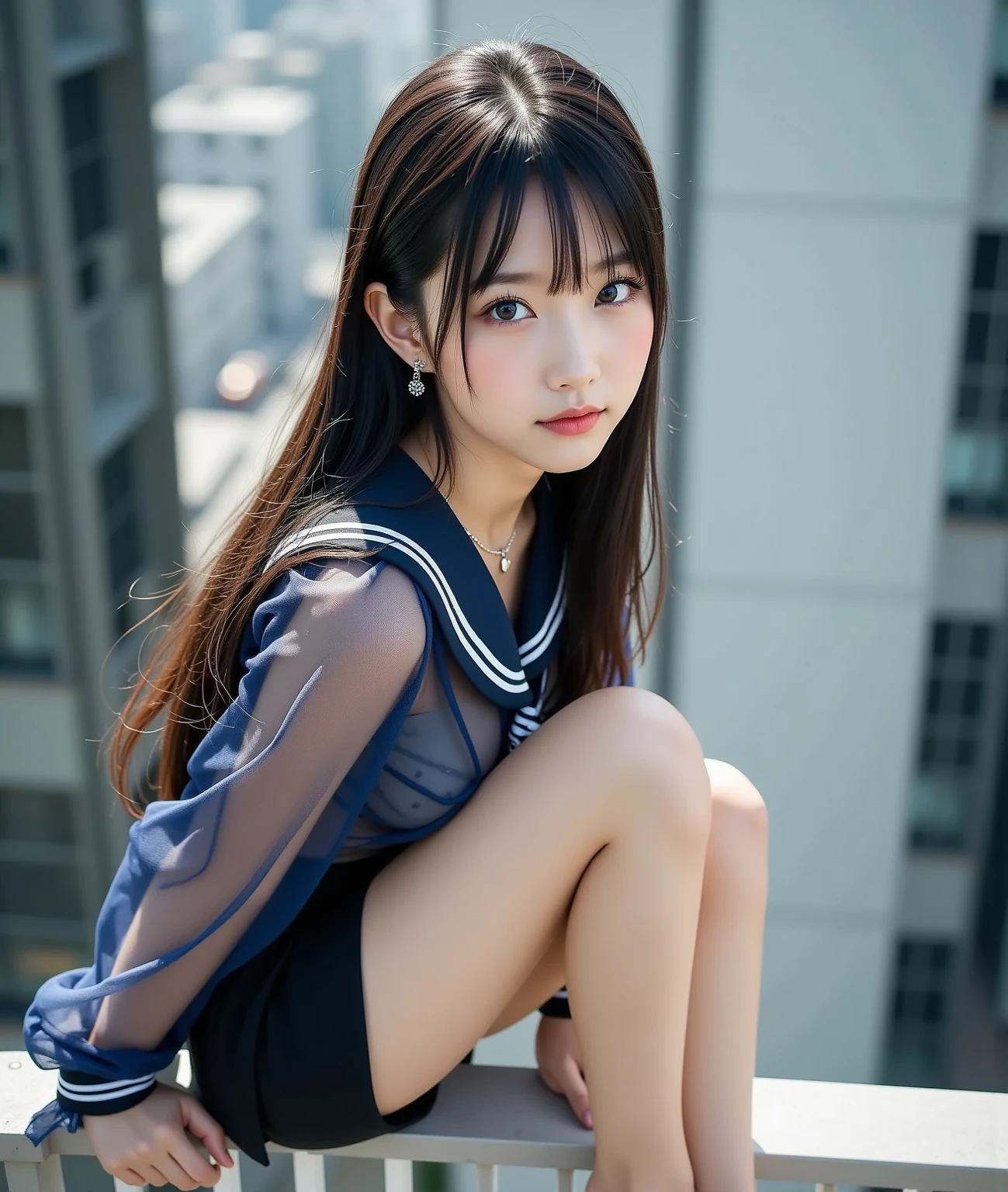1womanl、(Super beautiful)、(beauitful face:1.5)、Clear pubic contours、Squatting、Spread your legs、(white panties:1.4)、(high-school uniform)、(Dark blue pleated skirt)、(Wear black loafers)、(Sidewalk in Shibuya at night)、Neon sign、(At SFW:1.1)