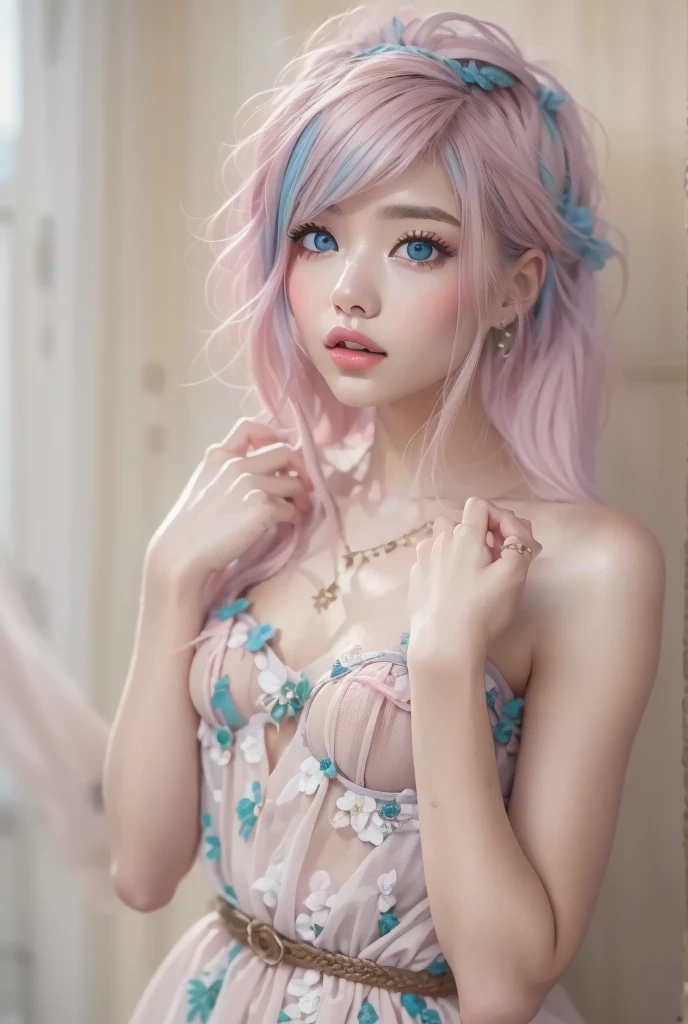 (tmasterpiece、best qualtiy、A high resolution),white backgrounid,((paint splatter,splash of color,Splash ink、Color splattering)),,Sweet Chinese girl,rainbow hair,Pink lips,frontage,full bodyesbian,Wear erotic lingerie,Realistis,realisticlying