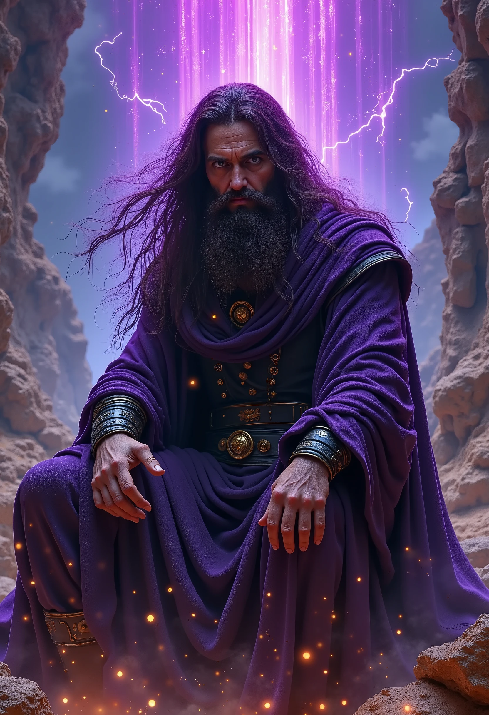 A majestic, long-haired man, with a stern yet regal face, sits amidst a fantastical, otherworldly landscape. He wears flowing, deep purple robes adorned with intricate, golden details. His beard and hair are a rich brown, contrasting with the vibrant, swirling colors of the background, which includes fiery oranges, deep purples, and luminous blues. The scene is impressionistic, with a sense of ethereal energy and cosmic grandeur. The surrounding landscape is a barren, mountainous terrain, with textures evoking a desert or moonlike surface. Visible are streaks of vibrant purple and luminous blue energy/light. The man's gaze is intense, looking directly out from the image at the viewer. The overall impression is one of power, mystery, and cosmic wonder. Include detailed textures in the clothing, hair and surroundings. Hyper realistic lighting and color gradients. Use rich depth of field. Close-up portrait with the environment.