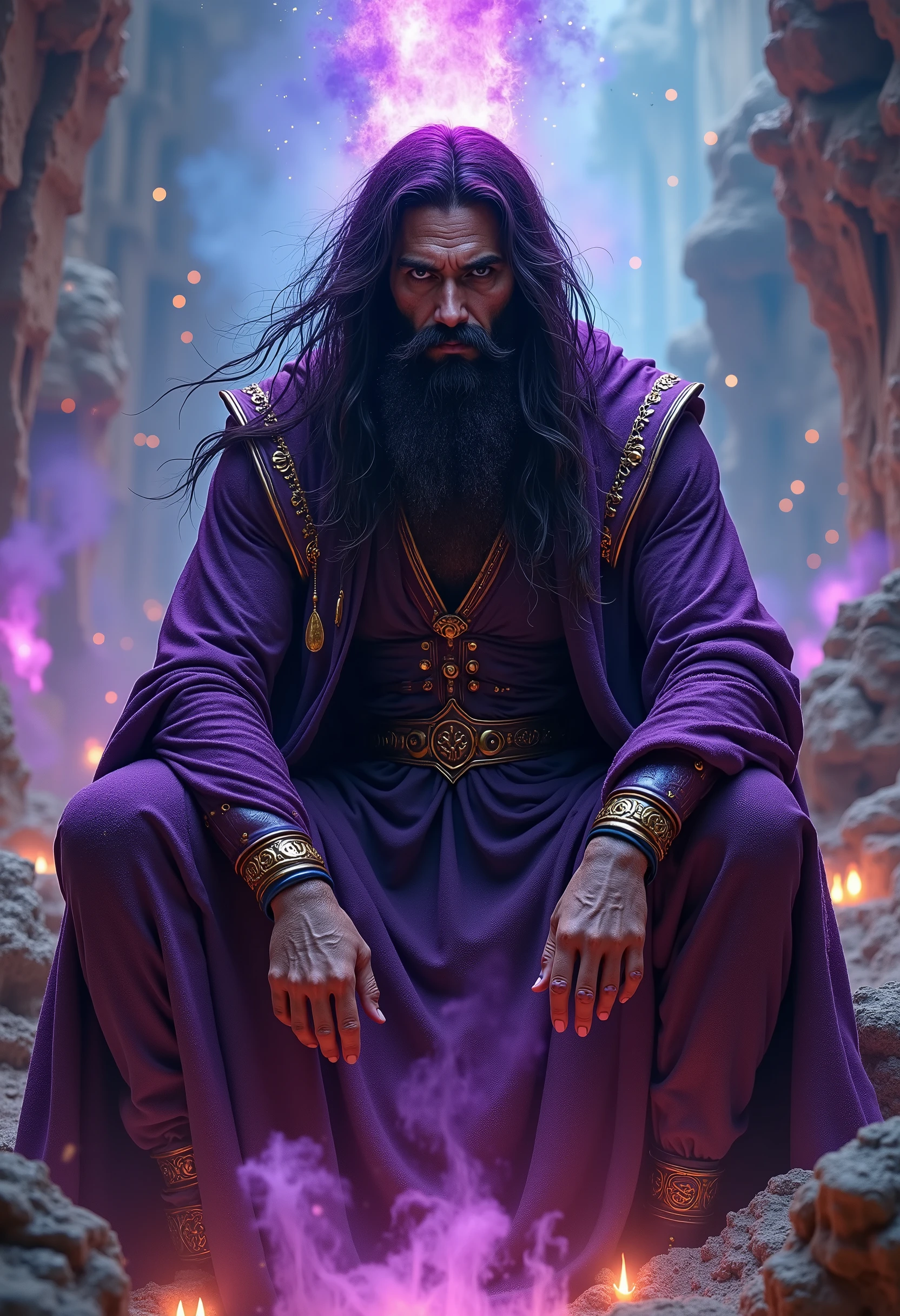 A majestic, long-haired man, with a stern yet regal face, sits amidst a fantastical, otherworldly landscape.  He wears flowing, deep purple robes adorned with intricate, golden details.  His beard and hair are a rich brown, contrasting with the vibrant, swirling colors of the background,  which includes fiery oranges, deep purples, and luminous blues.  The scene is impressionistic, with a sense of ethereal energy and cosmic grandeur.  The surrounding landscape is a barren, mountainous terrain, with textures evoking a desert or moonlike surface.  Visible are streaks of vibrant purple and luminous blue energy/light.  The man's gaze is intense, looking directly out from the image at the viewer.  The overall impression is one of power, mystery, and cosmic wonder.  Include detailed textures in the clothing, hair and surroundings.  Hyper realistic lighting and color gradients.  Use rich depth of field.  Close-up portrait with the environment.
