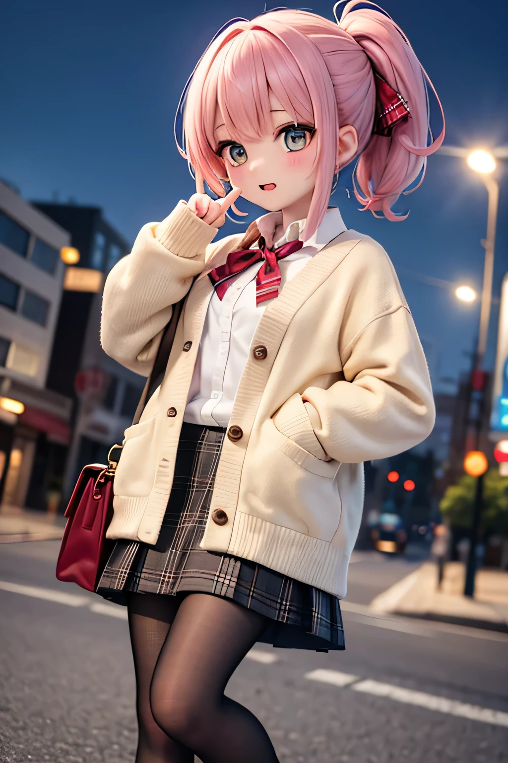 top quality、 Hi-Res、( high image quality:1.2)、 Masterpiece、 detailed background 、age beauty、 big size、(Highly detailed faces:1.2)、 detailed expressions 、( Details:1.2)、 anatomically correct、(Normal number of fingers:1.2)、Bright-colored hair、 braided bob cut 、 ponytail、On the way home from a date、 the night breeze was a little cold on the way home 、 walking side by side with him 、 touching the small box in the bag over and over 、
「 well... because today is Valentine's Day... 」
while saying that 、 and held out calm colors such as beige and light blue in front of him 、 he had a surprised 、 smiles gently、When I put it in my pocket 、 gently stroking my head 、 and 、 gently put tights or cute socks underneath 、 softly from my small pocket Wrapping Take out {x} choose subdued colors such as beige or light blue, {x} pair a cute flared skirt with a thin cardigan with pearl buttons, and {x} pair a small jacket-style top with a plaid skirt for an adult-like look、 ribbon that held my smartphone tightly 、 I was half up with a 、 cute