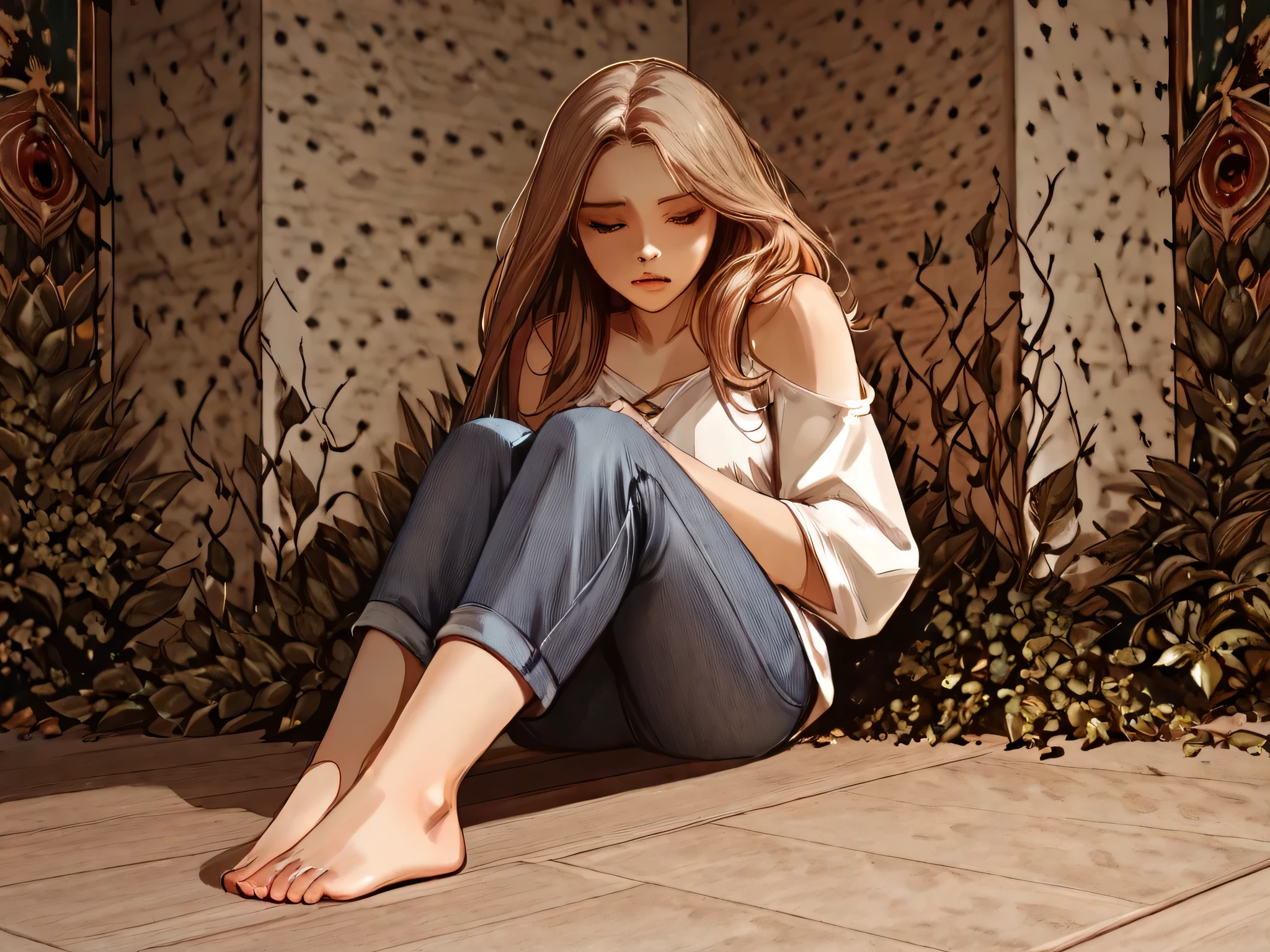 Female character, with light brown hair , In a white blouse with jeans, sitting on the floor in a white place cross-legged, The veins in the body shining in gold, the hands on a plant , as if it were regenerating, Fantasy, realistic magic