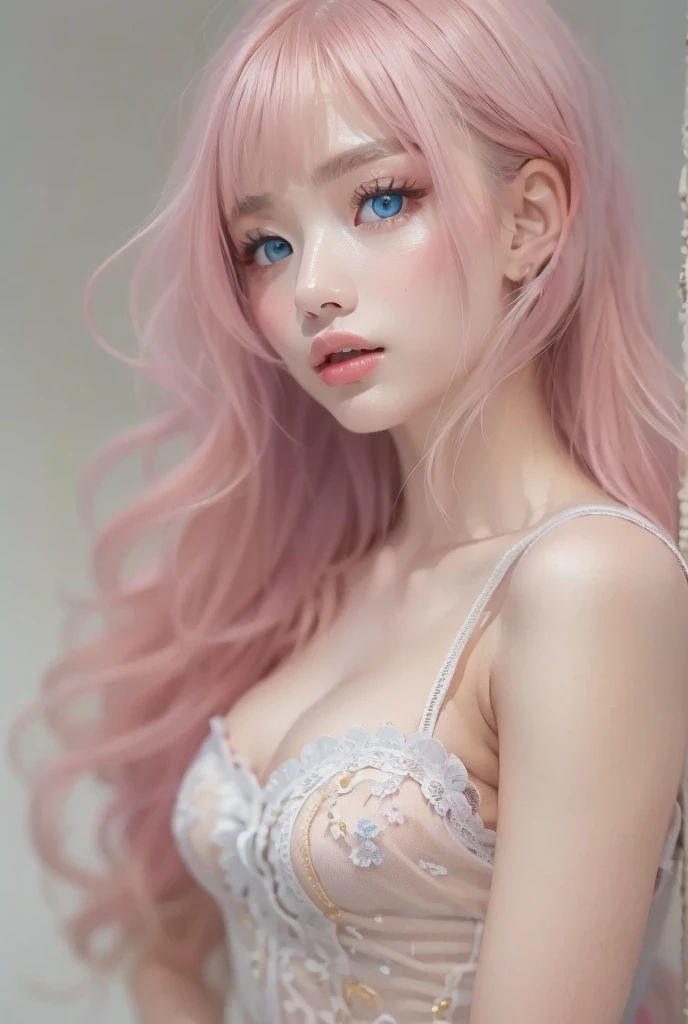 ((masterpiece:1.2, best quality)), super detailed, Super accurate depiction, super detailed的描绘, (Zentangle:1.2), (dynamic poses), (abstract background:1.5), wavy long hair, pink hair,A beautiful one-piece lace female figure, 1 Lace Girl, colorful, portrait, (from above:1.2)