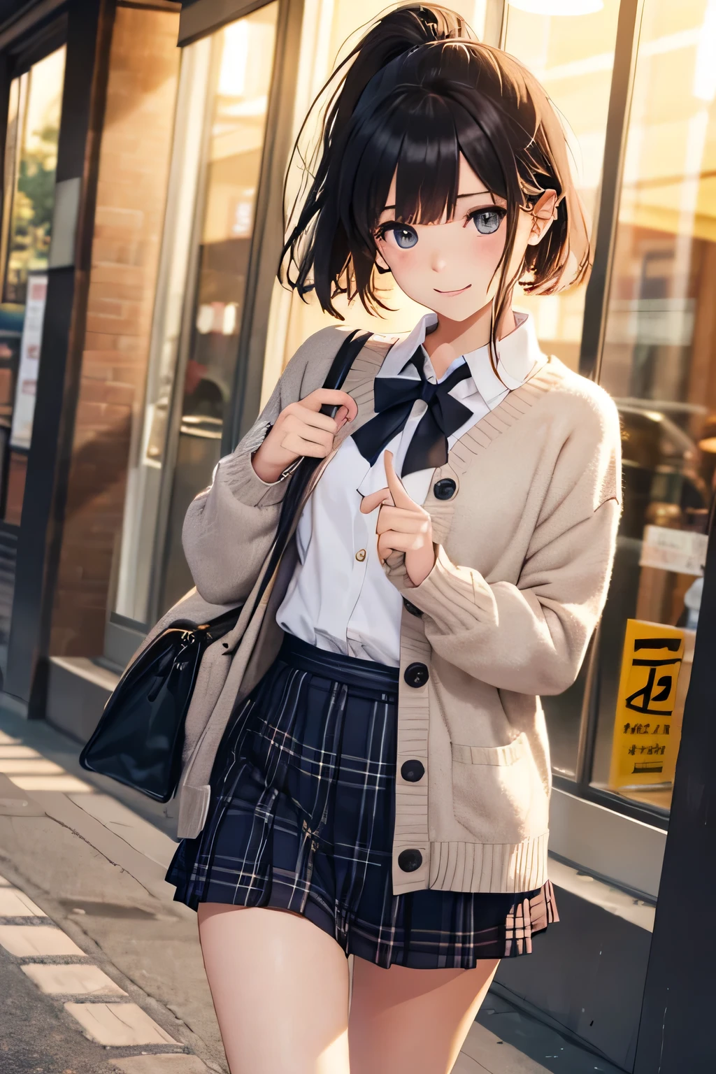 Anime girl in school uniform walking down the street with a purse ...