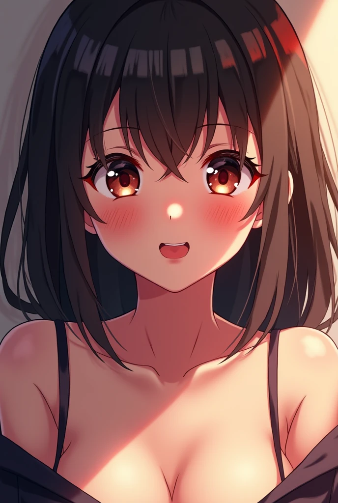 nsfw, Anime Style, Super precise illustration, Very detailed, beautiful, 8K,1 cute girl,(cute:1.3),Black Hair,short straight bangs, smile,Red eyes, stylish, Trendy clothes,(Spotted sunlight:1.2),Blurred,(Written boundary depth:1.1),Tilt your head,Squat,Large breasts,{best quality}, {very aesthetic}, {ultra-detailed}, {best illustration}, girl, nsfw, large breasts,