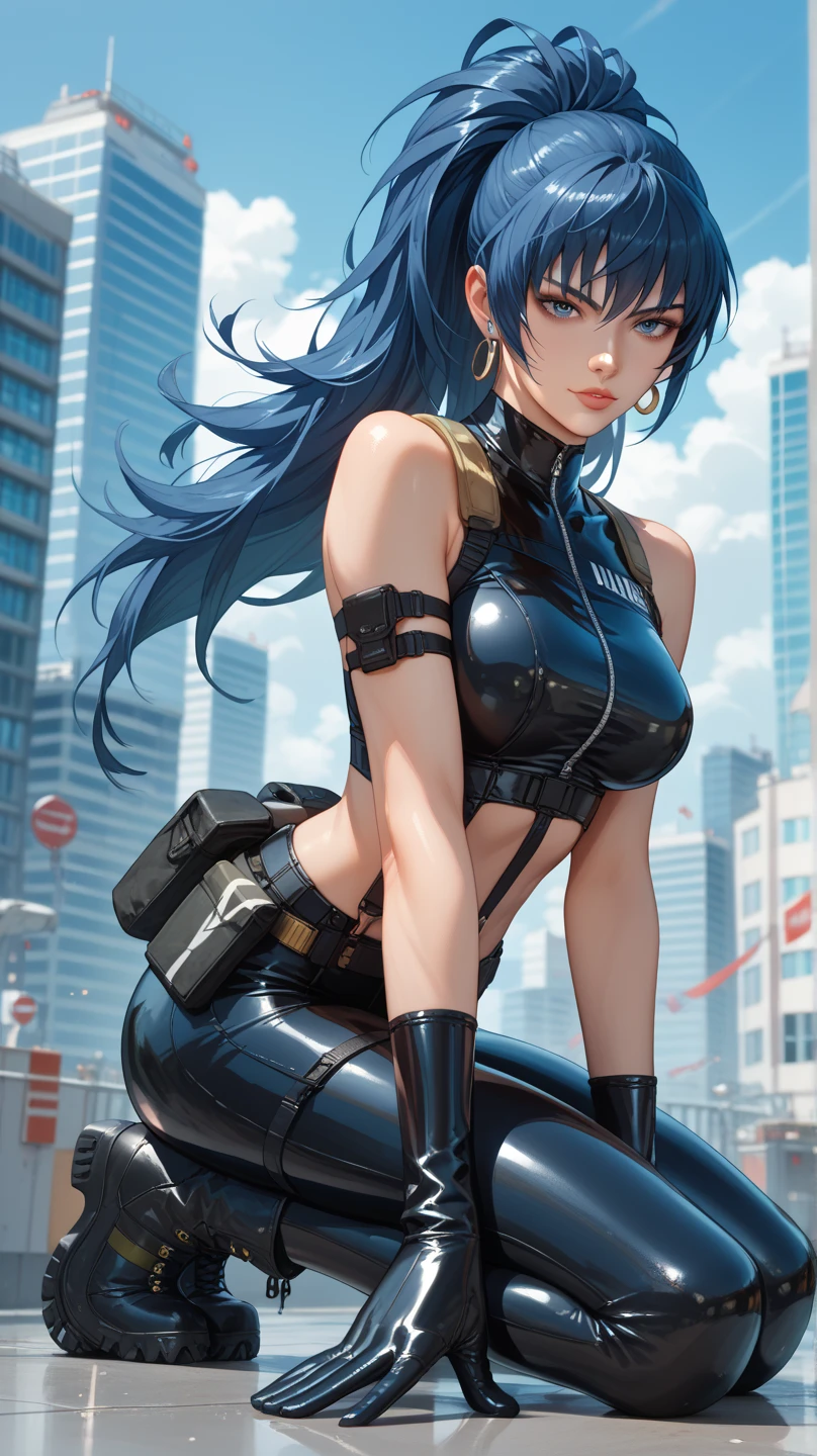 (Photos RAW, Top Quality, Masterpiece), (Realistic, Photoreal), One Girl, Solo, Akane, Blue Hair, Black Bikini, Denim, 3D, Realistic, CG, Shiny Hair, Flowing Hair, Shiny Skin, Smile, Sea Batman of the Dark Knight stands imposing in a lost gothic city. Moonlight highlights your muscles and scars. The scenery is lush and mysterious, with futuristic technology and surroundings. The camera details everything, a warrior woman, in front of him.