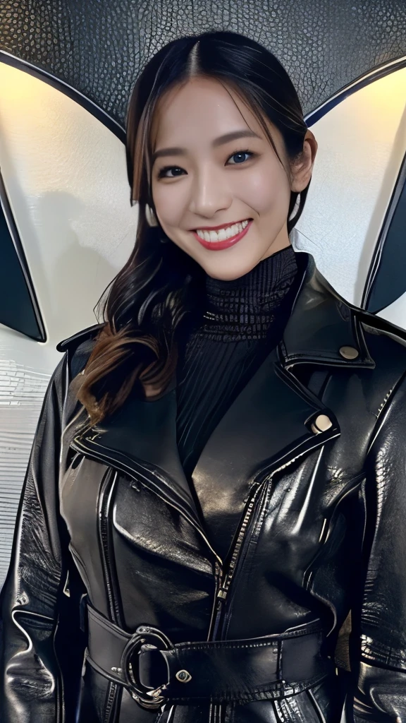 glossy black leather biker jacket, Black leather gloved fingertips on both hands,Wearing black leather gloves,Sitting in a black leather chair、 Japanese female new recruits (Black leather gloves cover both hands) (The angle is horizontal)、Black Leather Pants,Black Leather Black Leather Pants, black leather skinny pants 、(full BODY:1.4)(Long boots plus leather pants boots in :1.4) very tight fit. Black long leather boots on both feet、 black ponytail on top of hakama((She wears black leather gloves on her hands))Full Body Photo, full body shot full body full body leather suit ,☺、Full body shot from head to toe、very tight fit. If you turn in this direction。Wearing black leather gloves,Wearing black leather gloves,Wearing black leather gloves,Wearing black leather gloves,Wearing black leather gloves,Wearing black leather gloves,黒のレザーパンツが美しい😍黒のレザーパンツが美しい😍黒のレザーパンツが美しい,😍こちらを見ながら笑faceで微笑んでる,City lights、(Cyberpunk City Street:1.3))、 Detailed Writing、 best image quality that holds your feet、 ultra high resolution、( realism:1.4)、Korean Beauty Star、The most beautiful KPOP stars、face、Horny Korean Makeup、A body that makes you want to touch it、Realistic leather texture、Costume made of smooth leather fabric、The drape of the curved parts of the leather fabric、The costume is very shiny、Quality of the costume、8K Photo Quality、(shy Smile:1.4)