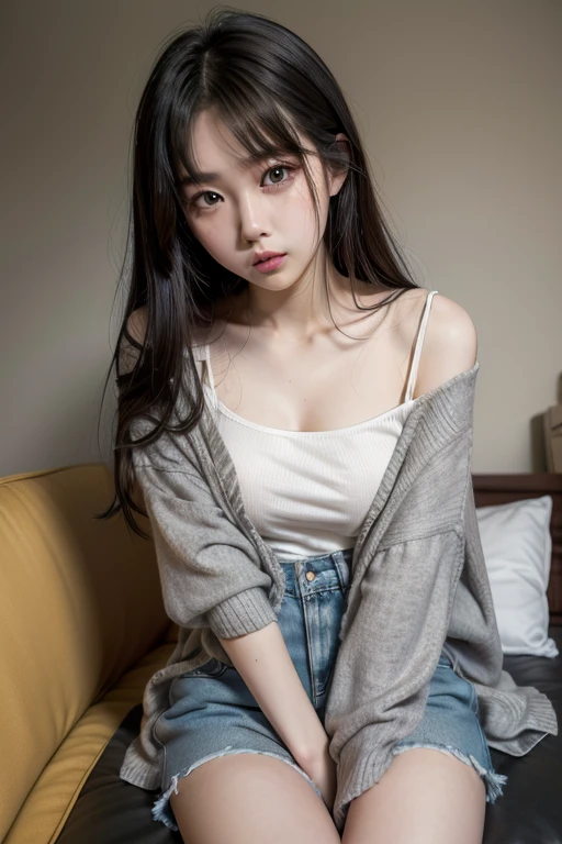 (highest quality, 8k, 32k), masterpiece, ultra high resolution, (realistic: 1.4), sexy pictures, 1girl,big breasts, Japanese, black hair, bangs, long hair, 19 years old, NSFW, looking for, at home, in the room, sit on bed, anger, beautiful and fine eyes, long hair (long hair: 1.4), white tank top, wearing a white cardigan, mini skirt (denim skirt),  white skin, morning, sunlight, sit on bed, sit cross-legged,