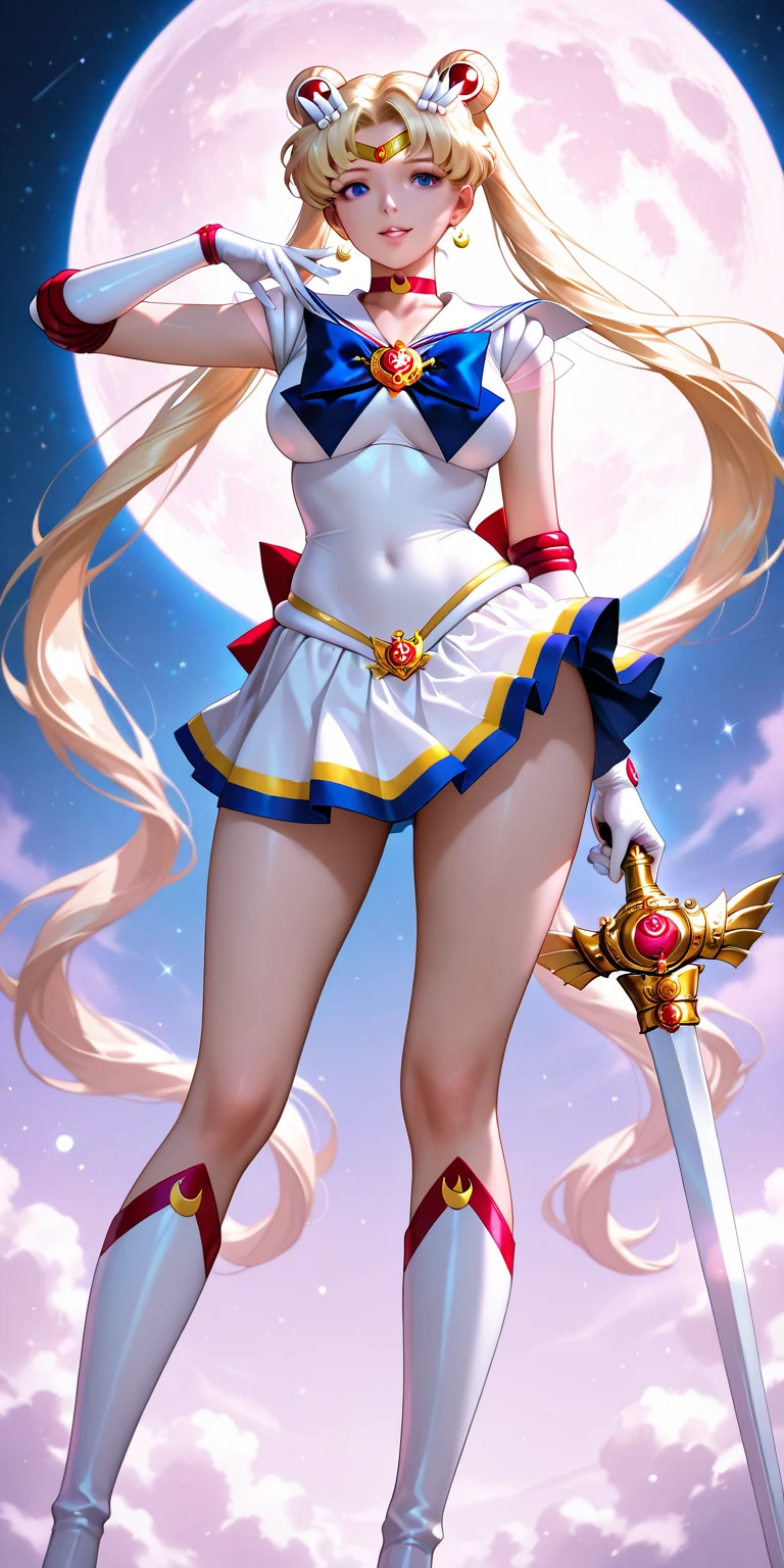 masterpiece, best quality, (1girl), supersailormoon, detailed face, smile, nigh sky, moonlight, moon, sakura trees, white gloves, detailed eyes, detailed face, fullbody, galazy background, gigantic breasts, giga_busty, back view from below