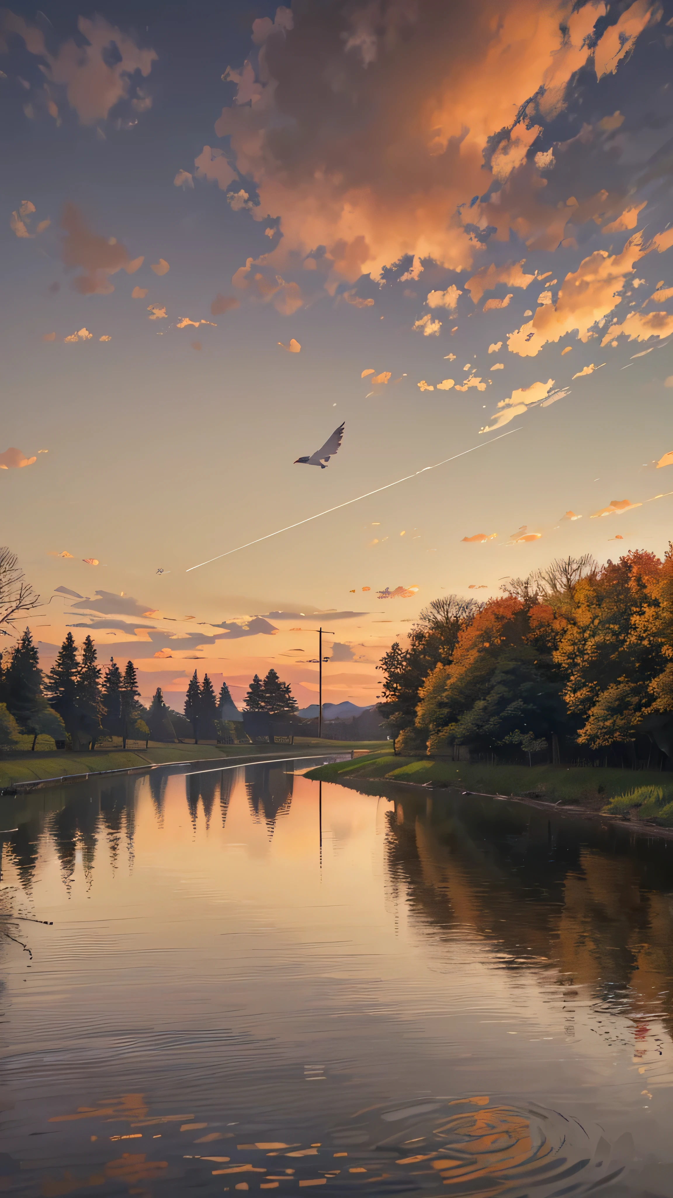 in high definition、The sun fades away with a lonely goose in the distance, and the vast sky are connected to the water of the autumn river 、The waterside of the autumn river is connected to the vast sky, photo quality。