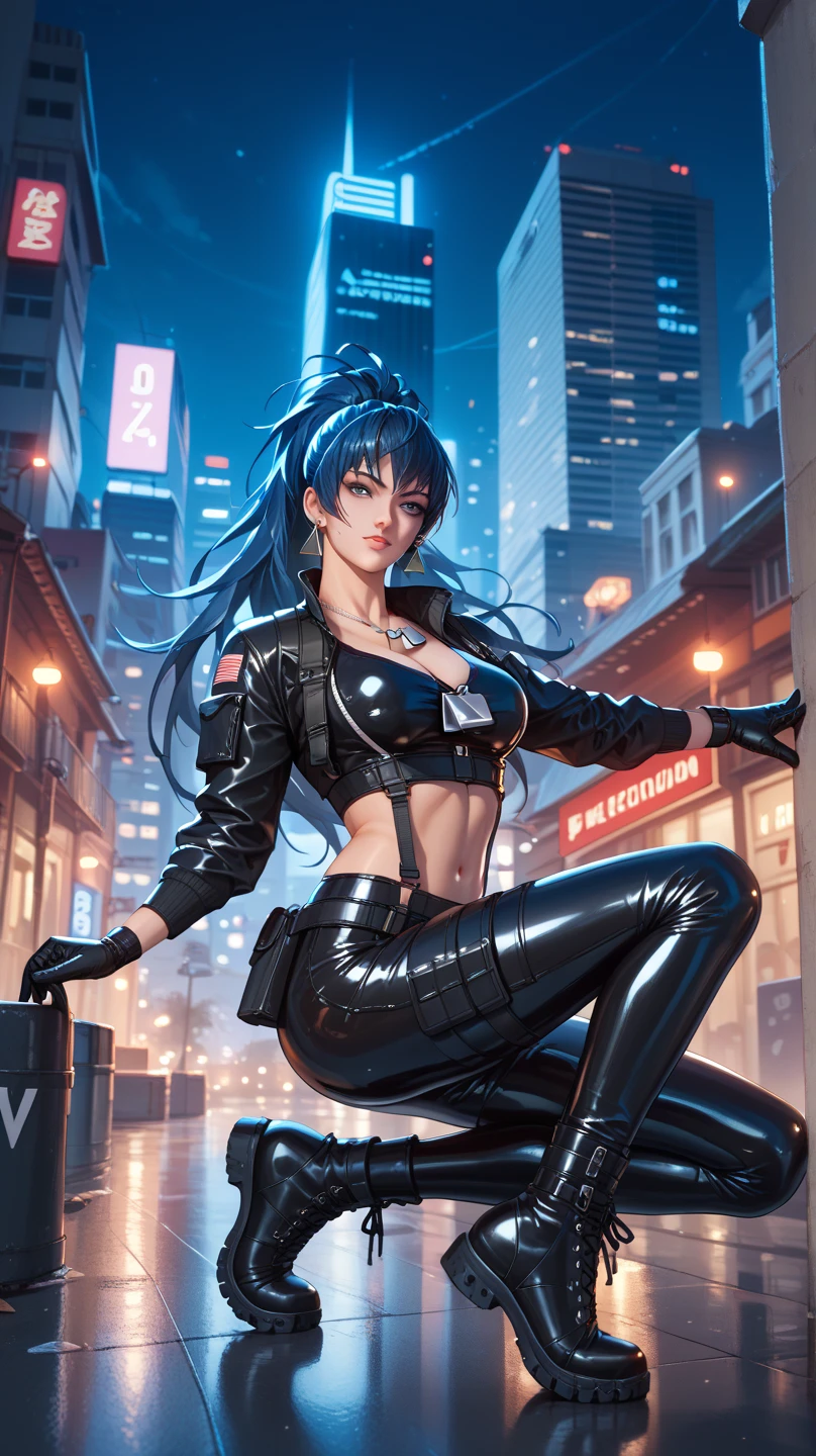 8K、top-quality、An ultra-high picture quality、ultra-detailliert、Ultra-realistic flesh feeling、full bodyesbian、A sexy、Kunoichi、ripped clothing、Looking at the camera、Beautuful Women、Long blue hair ponytail、shinny skin、Very gigantic-breasts、ample breasts、Breasts that are about to spill、extremely big ass、shinny skin 、The background is a cyberpunk night cityscape --auto --s2