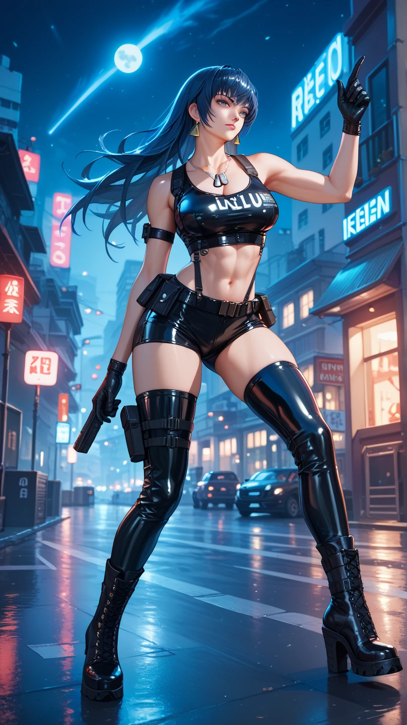 Sexy policewoman，Wearing one-piece latex half-cover underwear，Half-squat and raise the gun to aim，