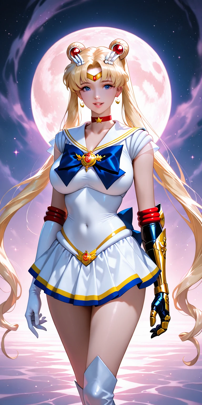 Masterpiece, Full: 1.3, Stand, 8K, 3D, Realistic, Ultra Micro Shooting, Top Quality, Extreme Detail CG Unity 8K Wallpaper, from below, intricate details, (1 female), 18 years old, (Sailor Moon supersailormoon mer1, Tiara, Sailor Senshi Uniform Sailor: 1.2, Sailor Moon: 1.2), Impossibly long bright twin-tailed blonde, thin and very long straight twin-tailed blonde, hair bun, red round hair ornament in a hair bun, Sailor Senshi uniform, (blue collar, blue sailor collar, blue pre-gate mini skirt: 1.3, very large red bow on the chest: 1.3, long white latex gloves: 1.3, red gloves on the elbows, Very large red bow behind the waist: 1.1, cleavage is looking large, golden tiara, earrings), (face details: 1.5, bright blue eyes, beautiful face, beautiful eyes, shiny eyes, thin lips: 1.5, thin and sharp pale eyebrows, long dark eyelashes, double eyelashes), luxurious golden jewelry, thin, thin and muscular, small face, big breasts, perfect proportions, Thin waist, sexy model pose, visible pores, seductive smile, perfect hands: 1.5, high-leg swimsuit, very thin and fit high-gloss white holographic leather, octane rendering, very dramatic image, strong natural light, sunlight, exquisite lighting and shadow, dynamic angle, DSLR, sharp focus: 1.0, Maximum clarity and sharpness, (space background, moonlight, moon, dynamic background, detailed background)