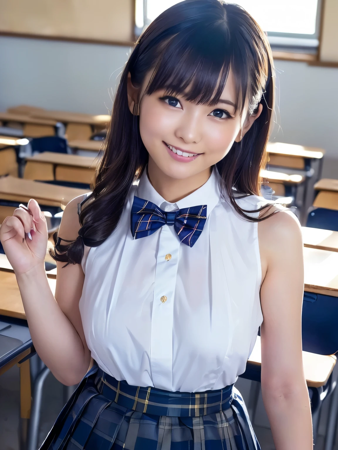 ( top quality, masterpiece:1.2), top quality, by Nomi, photos, Hi-Res, 1080P, 8k, physical rendering, ((: 155cm、 slim and slender style that can be carried by a cushion、)), (((((( a beautiful fashion model appearing in Japanese fashion magazines 、Look directly at your audience)))))), (((big, very nice , beautiful dark brown eyes close to each ))), ((((Everybody loves me、They are Laughter at me.!)))), Fine fingers , (((length, curled bangs))), ((((Very noble and cute eyes, The girl is showing her breasts in the classroom )))), (( double eyelids)), (((length eyelashes))), (( cute、 adorable by design、 adorable by design、Laughter、Laughter頬)), (( pure white light hits my nose and cheeks . the white skin on her eyes and face is beautifully white ........)), ((((( Her face is so expressive 、With a noble smile。, so sweet, Very clever))))), (((( an impressive plain navy large school ribbon bow tie )))), (((( so beautiful、Very long black braids)))), ((((((( She rolled up a formal long pleated skirt , Blue and navy tartan check, ))))))), (((( The size is slightly smaller 、 she raised a white sleeveless shirt with a gold emblem、 reveals her beautiful breasts .、 Upper Body Nude)))), (( graceful like a noble princess )), ((Girls dancing in the classroom)), ((Since before, create an impressive image ..))