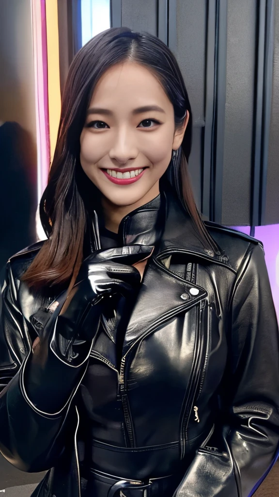 glossy black leather biker jacket, Black leather gloved fingertips on both hands,Wearing black leather gloves,Sitting in a black leather chair、 Japanese female new recruits (Black leather gloves cover both hands) (The angle is horizontal)、Black Leather Pants,Black Leather Black Leather Pants, black leather skinny pants 、(full BODY:1.4)(Long boots plus leather pants boots in :1.4) very tight fit. Black long leather boots on both feet、 black ponytail on top of hakama((She wears black leather gloves on her hands))Full Body Photo, full body shot full body full body leather suit ,☺、Full body shot from head to toe、very tight fit. If you turn in this direction。Wearing black leather gloves,Wearing black leather gloves,Wearing black leather gloves,Wearing black leather gloves,Wearing black leather gloves,Wearing black leather gloves,黒のレザーパンツが美しい😍黒のレザーパンツが美しい😍黒のレザーパンツが美しい,😍こちらを見ながら笑faceで微笑んでる,City lights、(Cyberpunk City Street:1.3))、 Detailed Writing、 best image quality that holds your feet、 ultra high resolution、( realism:1.4)、Korean Beauty Star、The most beautiful KPOP stars、face、Horny Korean Makeup、A body that makes you want to touch it、Realistic leather texture、Costume made of smooth leather fabric、The drape of the curved parts of the leather fabric、The costume is very shiny、Quality of the costume、8K Photo Quality、(shy Smile:1.4)
