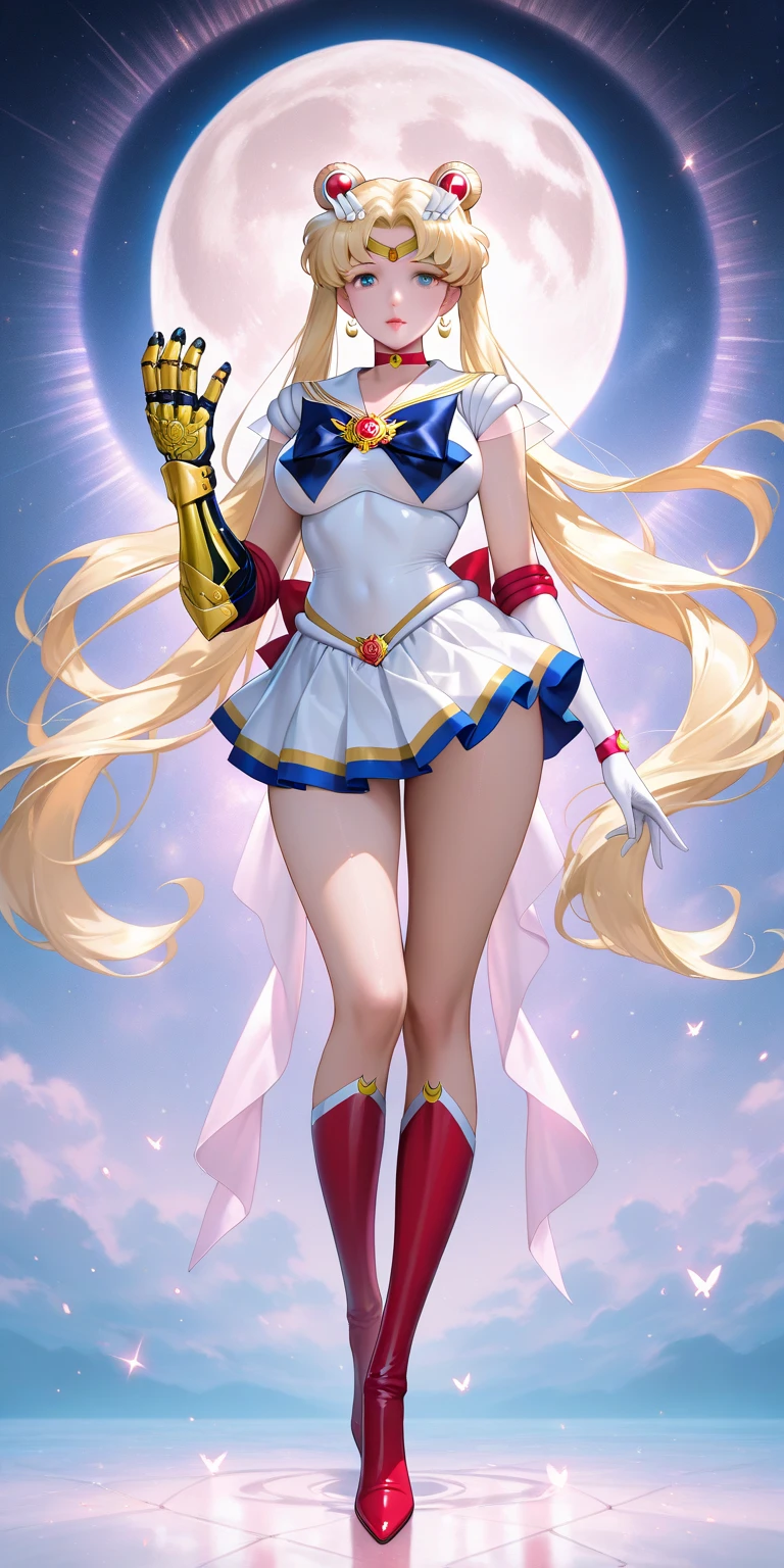 ((best quality)), ((official art)), ((masterpiece)), textile shading, ((ultra-detailed)), solo, full color, (1girl, solo, <lora:super_sailor_moon_outfit-v1:1>,bssmsuperoutfit, circlet, white leotard,,blue sailor collar, sleeveless, heart brooch, miniskirt, white gloves, hairstyle, hairlength , detailed face, (full body:1.1)), (in nature)