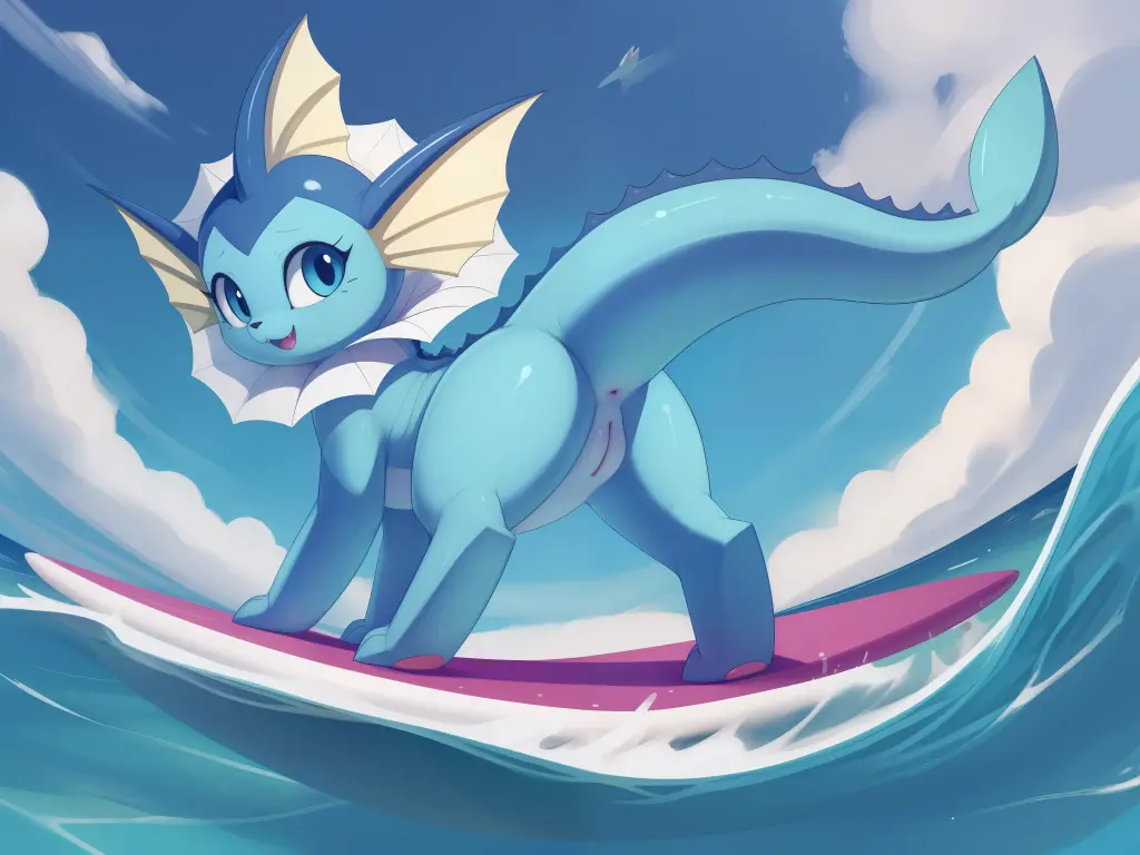 dagasi, Fur on the body, account_9, account_8_grown, account_7_grown, account_6_grown, source_anime, Feral, Creature, Vaporeon (pokémon), plumpy tail, amphibian,female, with purple sclera, white eyes, Sitting on the ground, looking up at their human trainer's huge cock, wide hips, thick thighs, nsfw, lewd, mouth open ready to suck at the huge thick cock, deepthroating