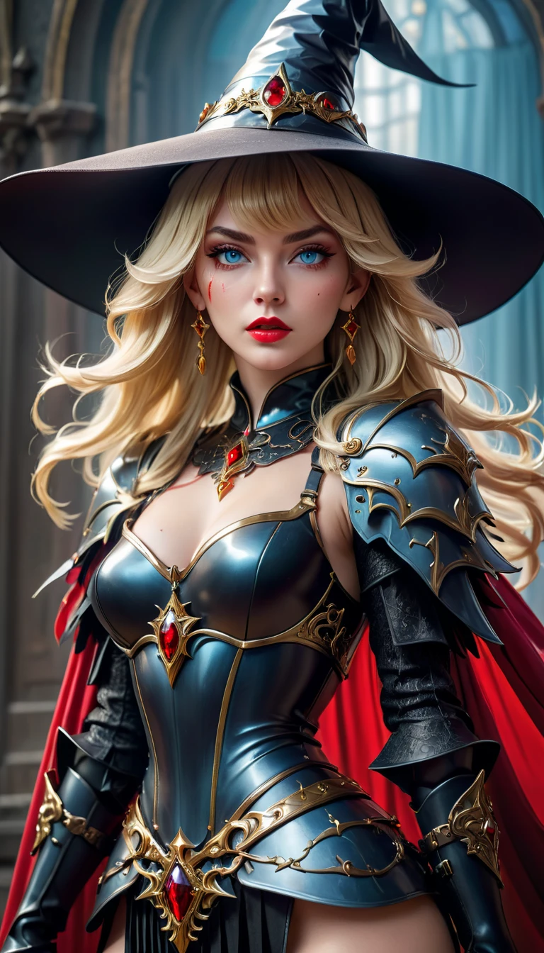 Beautiful Witch Blonde Girl and with Golden Sharped Sword with a Beautiful Blonde Long Flowing Hair wearing a Witch Hat and wearing a Witch Chestplate Armor with Jewelry Earrings with Makeup with the Best Quality with High Details with Textured Skin as a Masterpiece in a High Resolution in 8K Quality, proud pose with long golden sharped sword in front, shining long golden sharped sword, fierce expression, swordup 