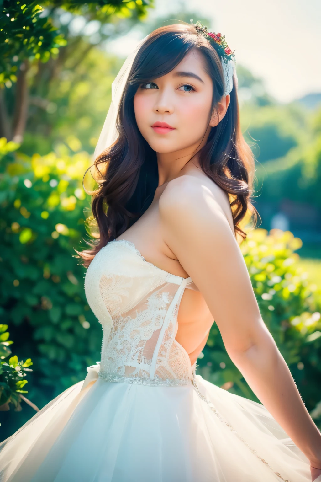 1girl, intricate pattern dress, ribbon, long hair, bangs, thick hair, looking at viewer, hazel eyes, smile, royal and lusty look, professional model pose, colorful veil, full breasts, BREAK, (red maple tree:1.2), beautiful and delicate light, on the water, floating leaves, (masterpiece, best quality:1.2), perfect composition, hyper realistic, high quality, overgrown oasis,