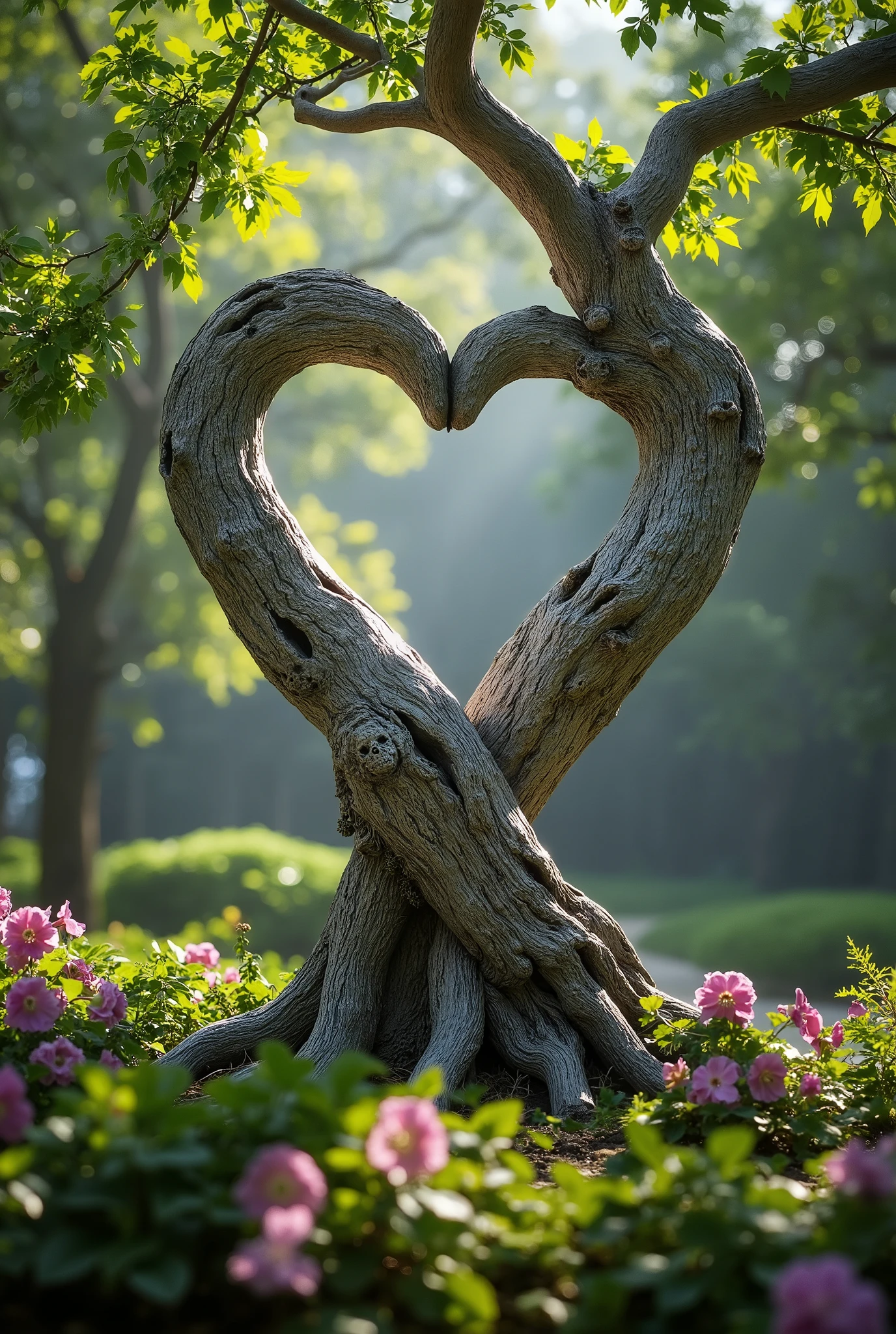 Two intertwining trees creating the shape of a heart, their bark intricately textured to resemble human figures. The branches meet at the top in a tender kiss, their forms blending into each other with delicate detail. The scene is set in a misty, enchanted forest, where soft, glowing light filters through the lush green leaves, casting an ethereal glow. Surrounding foliage features vibrant hints of purple and gold, contributing to the magical, dreamlike atmosphere. The atmosphere feels serene and timeless, evoking a sense of calm as if frozen in a perfect moment.