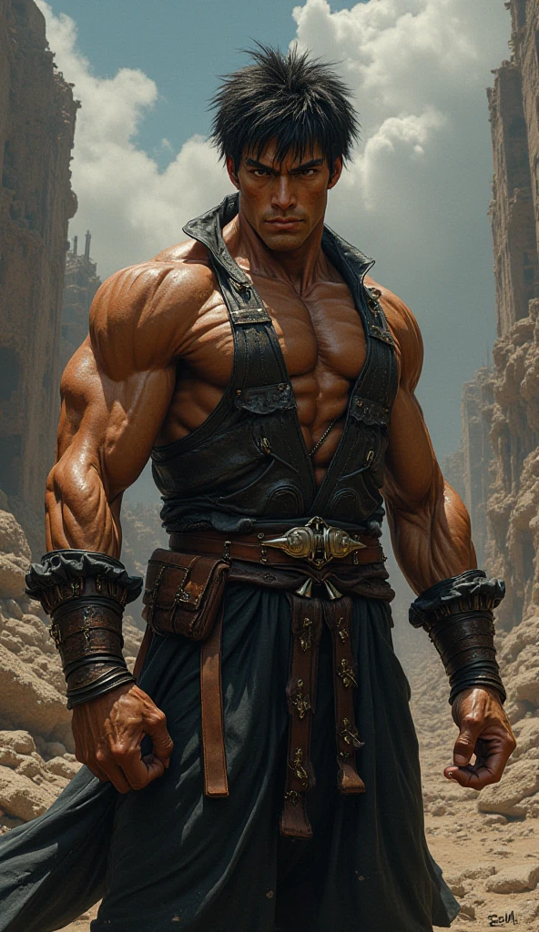 mortal kombat man character , super strong, muscular,a chaotic world in the background, 35mm lens, photography, ultra details, precise texture details HDR, UHD,64K,