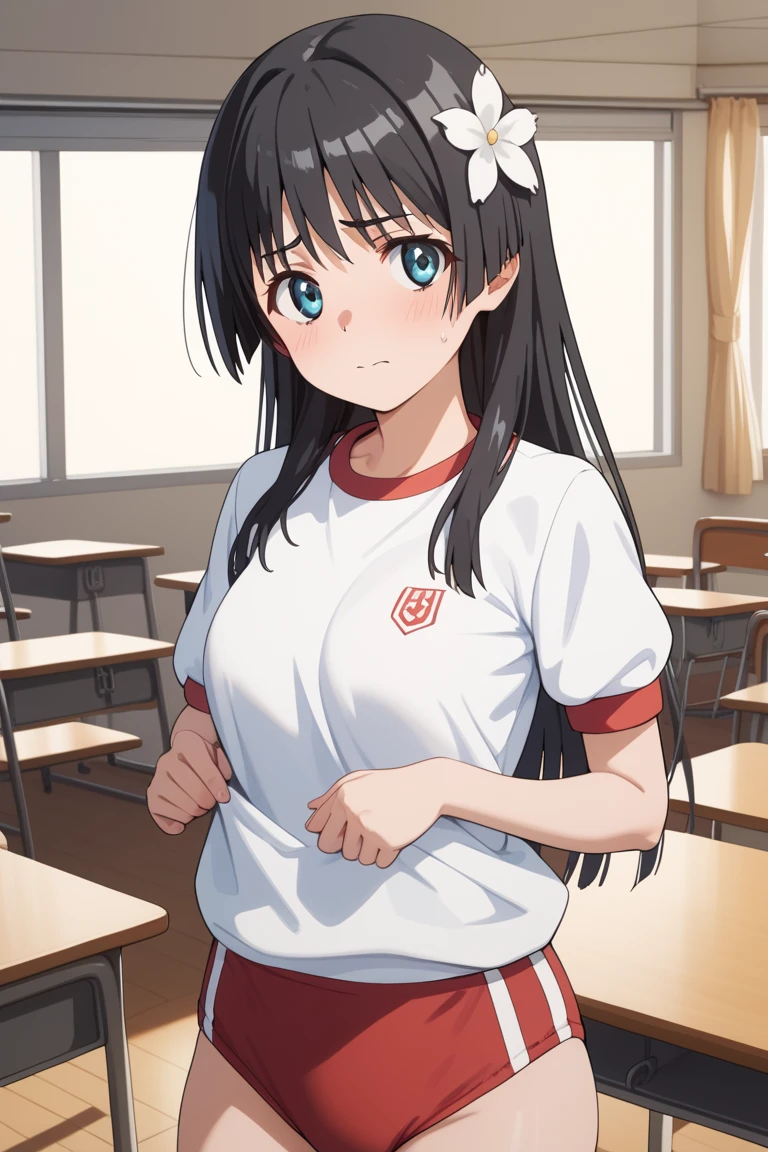 masterpiece,best quality,{{detailed beautiful face and eyes}}, very detailed background,
Saten Ruiko,{{{megami magazine}}},long hair,black hair,hair ornament,one white flower ornament,blue eyes,medium ,
gym uniform,red buruma, white shirt, short sleeves, thighs,
1girl,(is embarrassing,big blush,closed mouth:1.0),
((standing,cowboy shot,looking at viewer:1.2)),
(classroom:1.0),clothed
