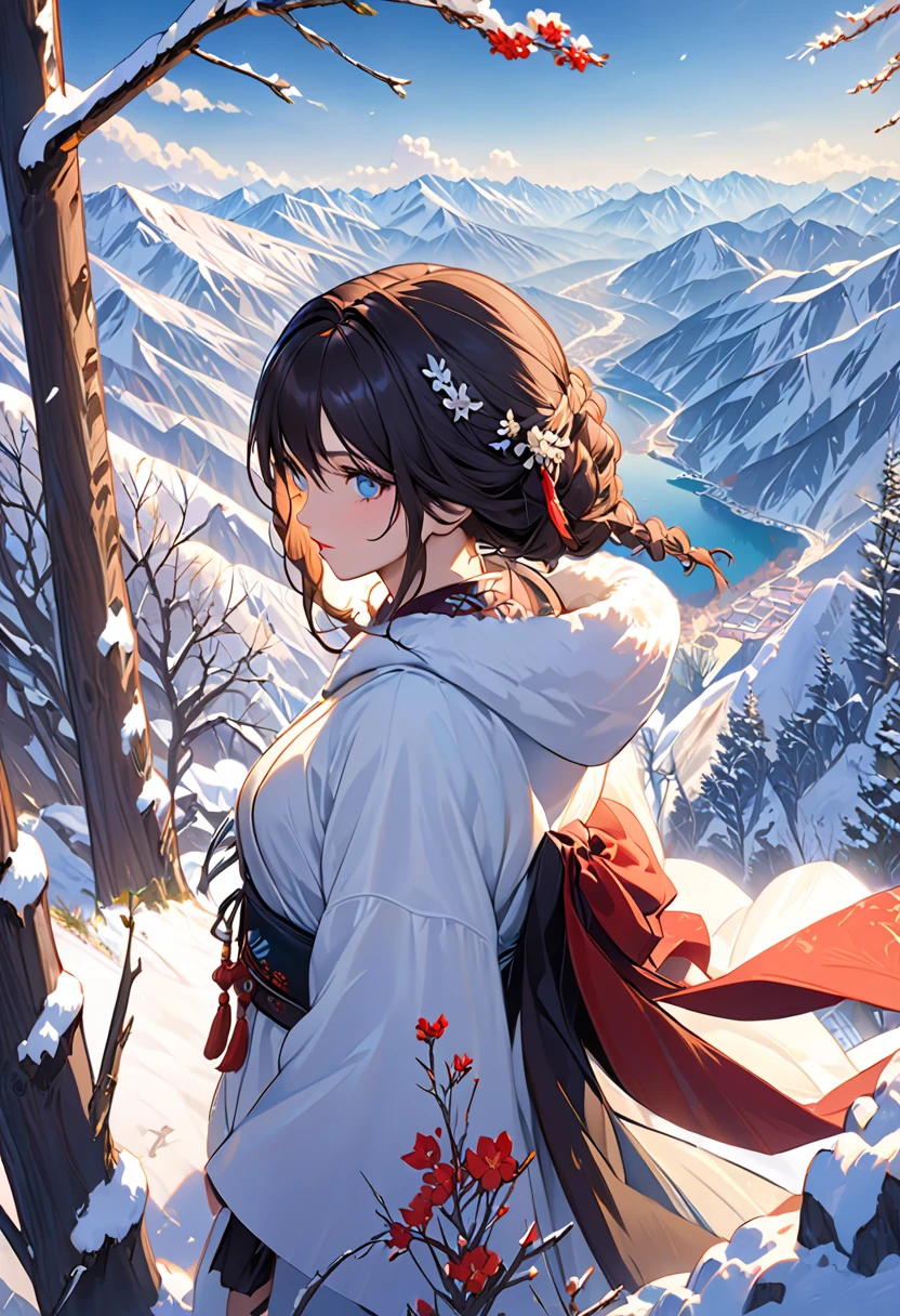 ((3D, best quality: 1.3)), ultra-detailed, SK, (((solo))), this watercolor painting depicts a woman climbing a mountain road, captured from a unique perspective with a 24mm wide-angle lens. The image is taken from below, and the viewer looks up at the woman and the surrounding landscape. She wears a cheongsam dress, an iconic traditional Chinese garment that adds to the timeless beauty of the painting.

Beautiful young girl, flowing ink painting style, super clear close-up of face, magnificent epic scene, delicate face, surrounded by blue dragons

The scene evokes a cinematic quality, as if the painting were a still frame in a movie. The artist skillfully captures the essence of the woman's journey, bravely walking down the dangerous mountain road guided by the mysterious dragon. The painting testifies to the beauty and resilience of the human spirit, as well as the enduring power of traditional art.