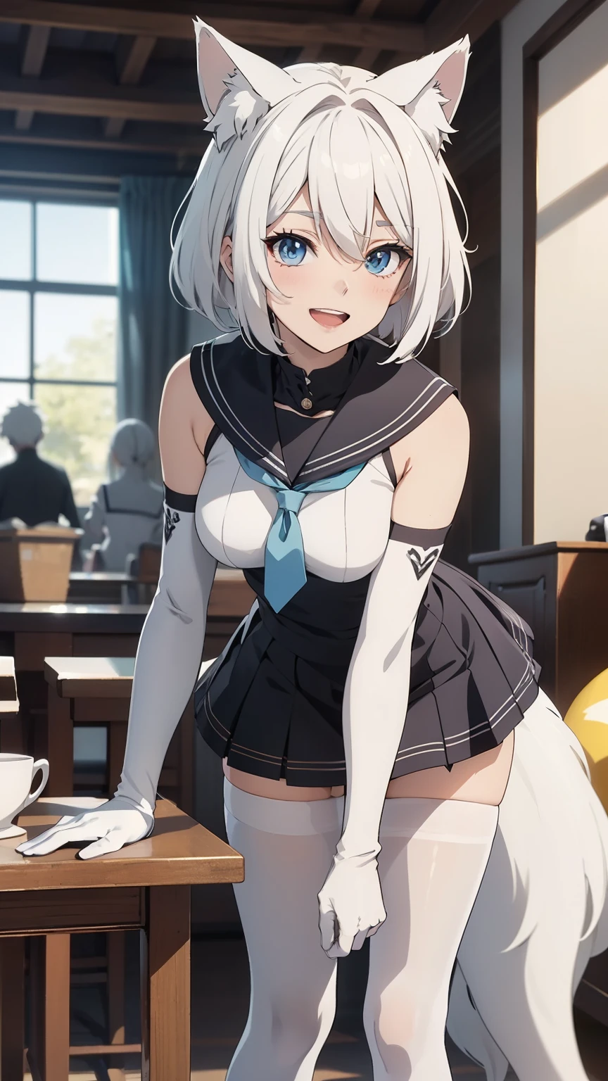 Tabletop　 Best image quality　wonderful　Attention to detail　One Young Woman（（Adult））Anime Style　Full Body　White Lingerie（separate）　Pure white gloves（Elbow Gloves）White Stockings（Plain）　Wolf Ears　short hair（（Shortcuts）（Gray Hair）（Curly Hair）（fluffy））　smile（Red cheeks）（Open your mouth）　Eye color is blue　background（classroom）　Sit on a chair　