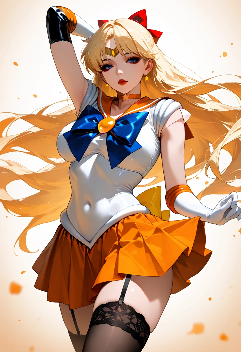masterpiece, best quality, highres, venus1, 1girl, solo, sailor senshi uniform, sailor venus, aino minako, blonde hair, magical girl, blue eyes, orange skirt, elbow gloves, tiara, pleated skirt, hair bow, orange sailor collar, miniskirt, choker, red bow, orange choker, white gloves, very long hair, jewelry, earrings, cowboy shot, smile,
