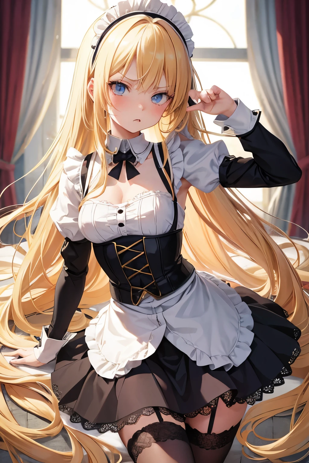 A mature woman,(Long fluffy blonde hair:1.6),Business suit,Skirt that wraps hips,black long socks,Mature and beautiful,Rich and noble families,Stand at the bathroom door,scream,Shy, Blush, Embarrassed, ripped apart, Ear blush, flustered, full blush,looking at viewert,Ultra-detailed CG,Exquisite facial features,Clear facial expressions,Detailed digital anime art,Digital anime art,High quality anime art style