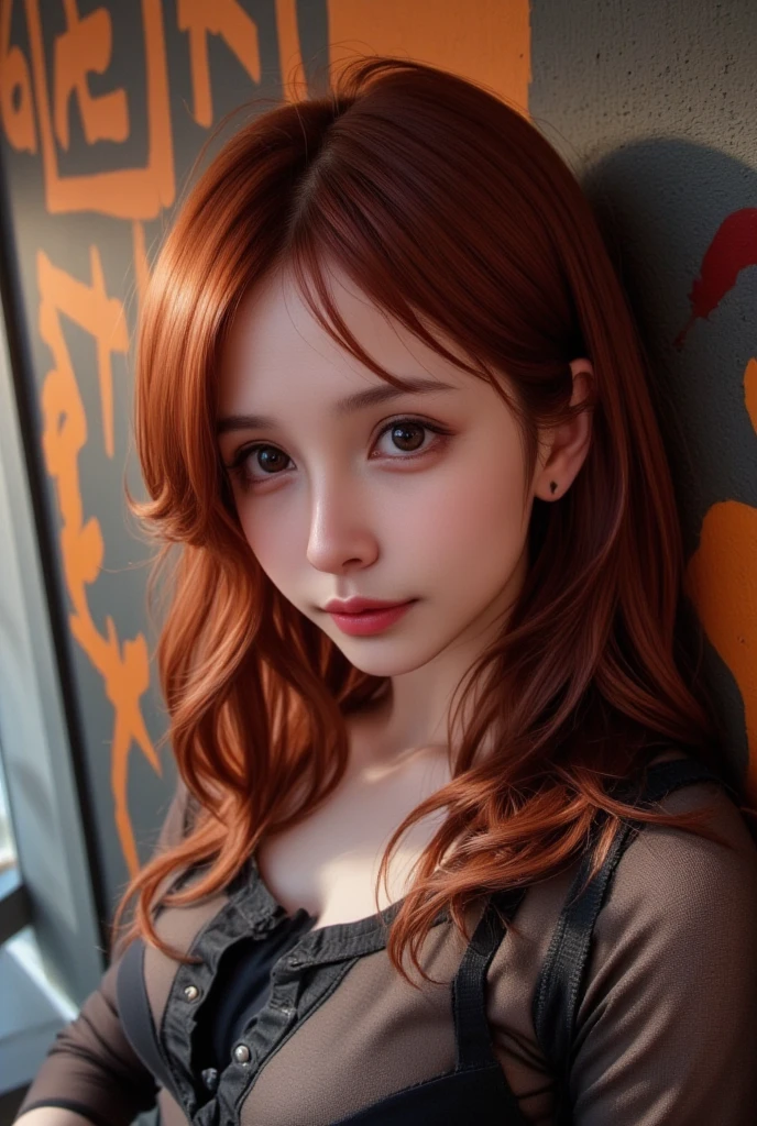 8k, RAW Photography, portlate, top-quality, 超A high resolution、piercings、a room、Photorealsitic, 1人, full bodyesbian, redhair, Green eyes、a necklace, a smile, eye lashes, 电影灯光, depth of fields, lensflare、camisole