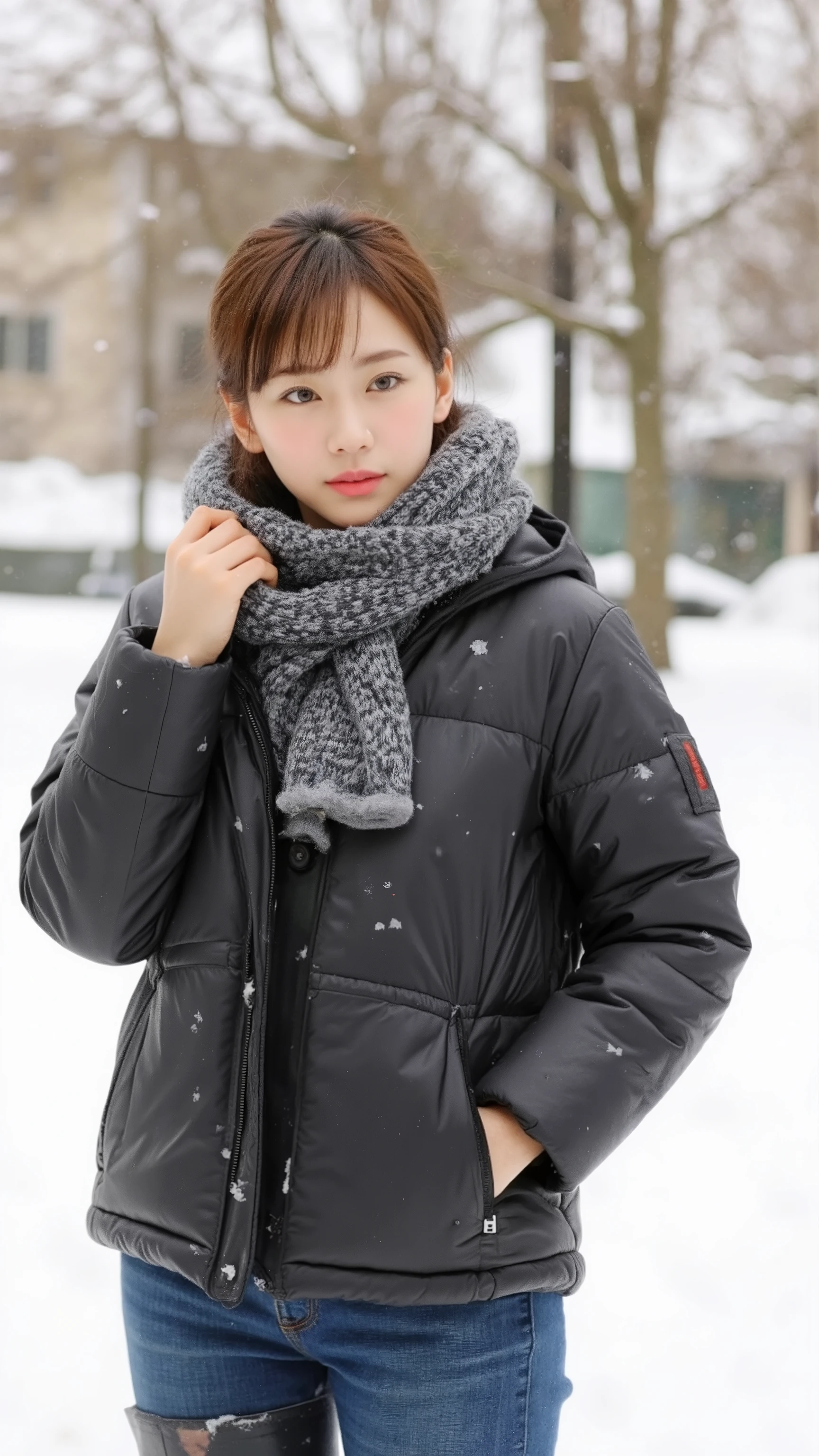 Snow is piling up on street trees in winter、An image of a age woman wearing a small down jacket standing and seeing her whole body、Short hair with a composition where you can see your whole body、プリーツミニスカートを履いてその下に厚手の black tightsを履いている、 scarves wrapped、 angle from below、( black tights:1.8)
