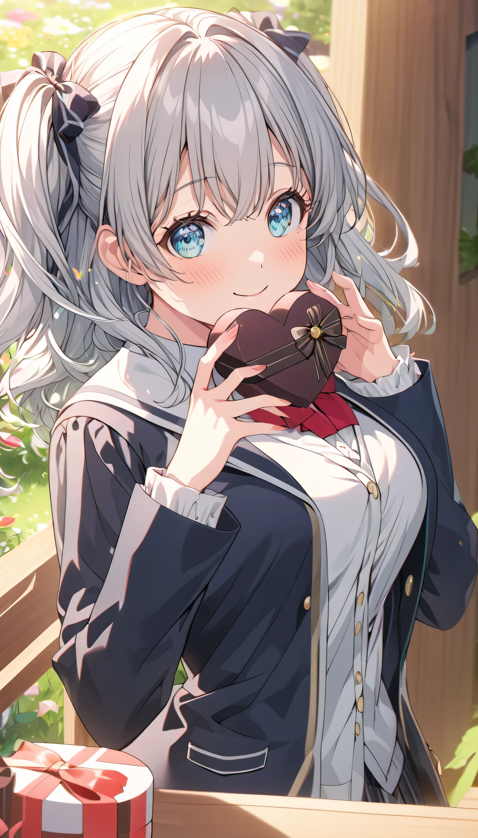 ((ultra-detailed)), (highly detailed CG illustration), (best quality:1.2), ultra-highly detailed, colorful composition, artistic photoshoot, 1girl, solo focus, ((upper body:1.4)), moe anime character,  girl, dainty facial structure, (bab(round face), ((rounded chin:1.2)), ((ideal ratio body proportions)), celia-default, celia claire, (blue eyes), sparkle eyes, silver hair color, two side up, ((hair ribbon with red), (deep royal blue and white strips hair ribbon), ample breasts, school uniform, black blazer, modern style with fitted jacket,  red neck bow, long sleeves white  shirt, black pleated skirt, and black high socks, ((look of anticipation)), ((shy:1.4)), ((blush:1.4)), ((bashful:1.4)), ((excited)), ((happy)), ((joyful)), ((full-face blush)), ample breasts, ((giving Valentine's chocolate)), ((chocolates in a heart box
)), petals glowing and fluttering, standing by the victorian garden with flowers, beautiful detailed sky, dynamic pose, looking at viewer, best quality, masterpiece, looking up, expecting, pink cheek, blush, light pink gloss slip, portrait, depth of field, soft lighting, sidelighting, (shine), lighting, caustics, ray tracing, smile, perfect face, lustrous skin, highly detailed face, highly detailed eyes, perfect face, perfect nose, perfect hair, perfect eyes, perfect anatomy, beautiful hair, beautiful small face, extremely detailed face, beautiful detailed eyes, beautiful clavicle, beautiful body, beautiful huge breasts, leavage, breasts squeezed together, equalize the size of the left and right breasts, beautiful fingers, 4 fingers, 1 thumb, lovely, (very detailed background:1.0), (highly detailed background:1.0), spring aesthetic, intricate details, love atmosphere, spring colors palette, chromatic aberration