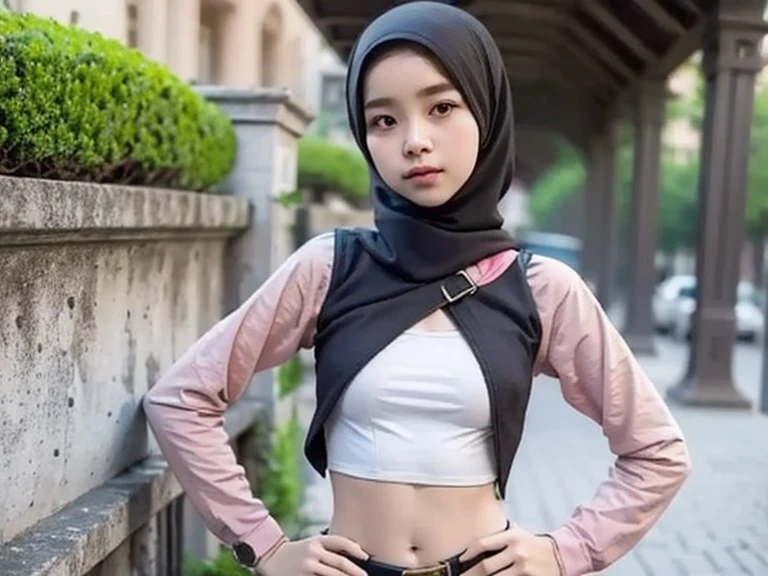 ((best quality)), 8k, Indonesian girl, Indonesian women, 35yo, (extremely realistic)), ((masterpiece)), (detailed), close up, perfect face, ((top-quality, 8K, tmasterpiece: 1.3)), gigantic breasts beautiful, 1 nurse, bigger: 1.3, Slim abs: 1.1, dark brown hair, (wearing hijab, hijab indonesian, wearing stocking, wearing high black boots, Indonesian, spread their legs, wearing long shirt, wearing long pants, sit down in the bike, wearing pink LED headset, smilling face, smile face, happy facial expressions, happy face