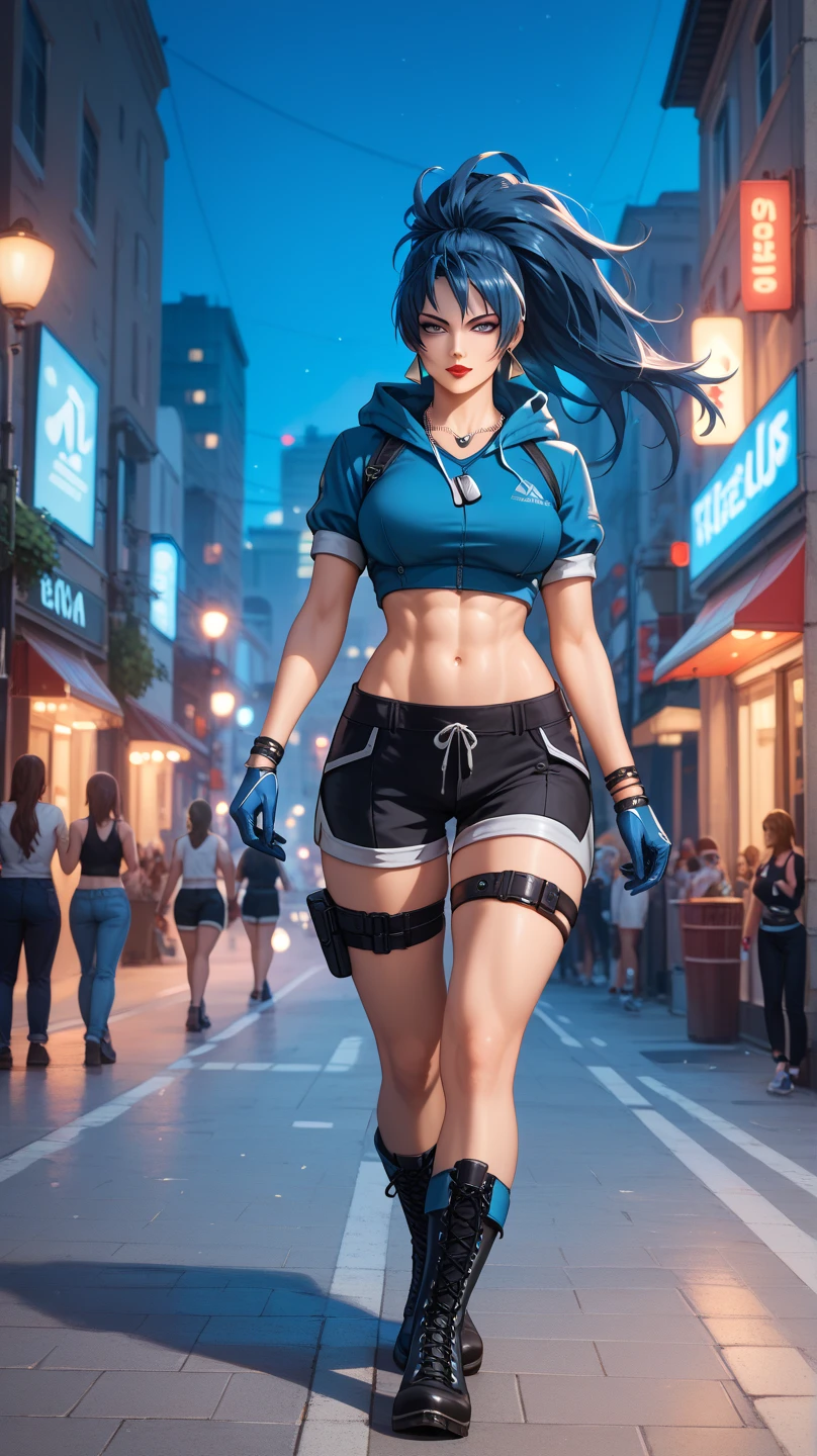 ((Best quality, 8K, masterpiece: 1.3)), Detailed eyes, (view from the front), Look at the camera, (Best Ratio: 4 fingers, 1 thumb), (portrait), 1 person, Nico Robin ( (one piece)), Beautiful woman, very detailed facial and skin texture, standing upright, outdoor, city times square, wearing trousers, wearing accessories on her head, wearing a Nike hoodie and a t-shirt that says TEMELEBER.